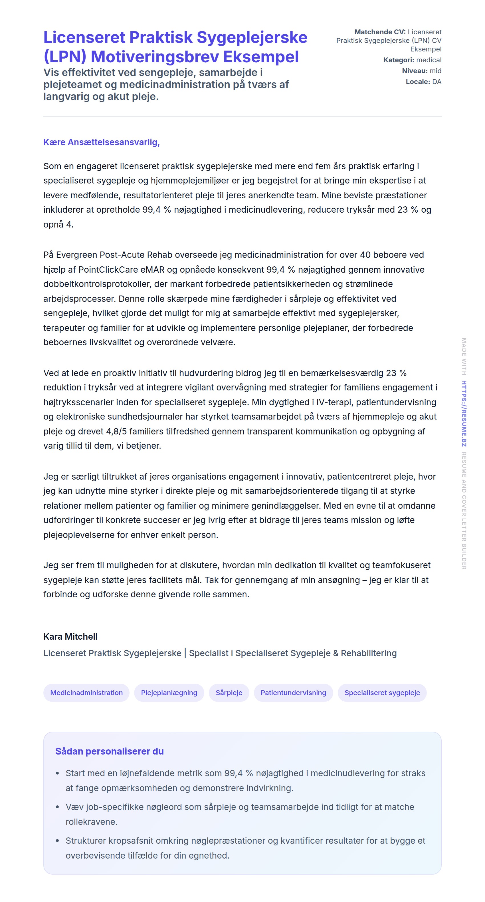 Ansøgningsbrev forhåndsvisning for Licenseret Praktisk Sygeplejerske (LPN) Motiveringsbrev Eksempel