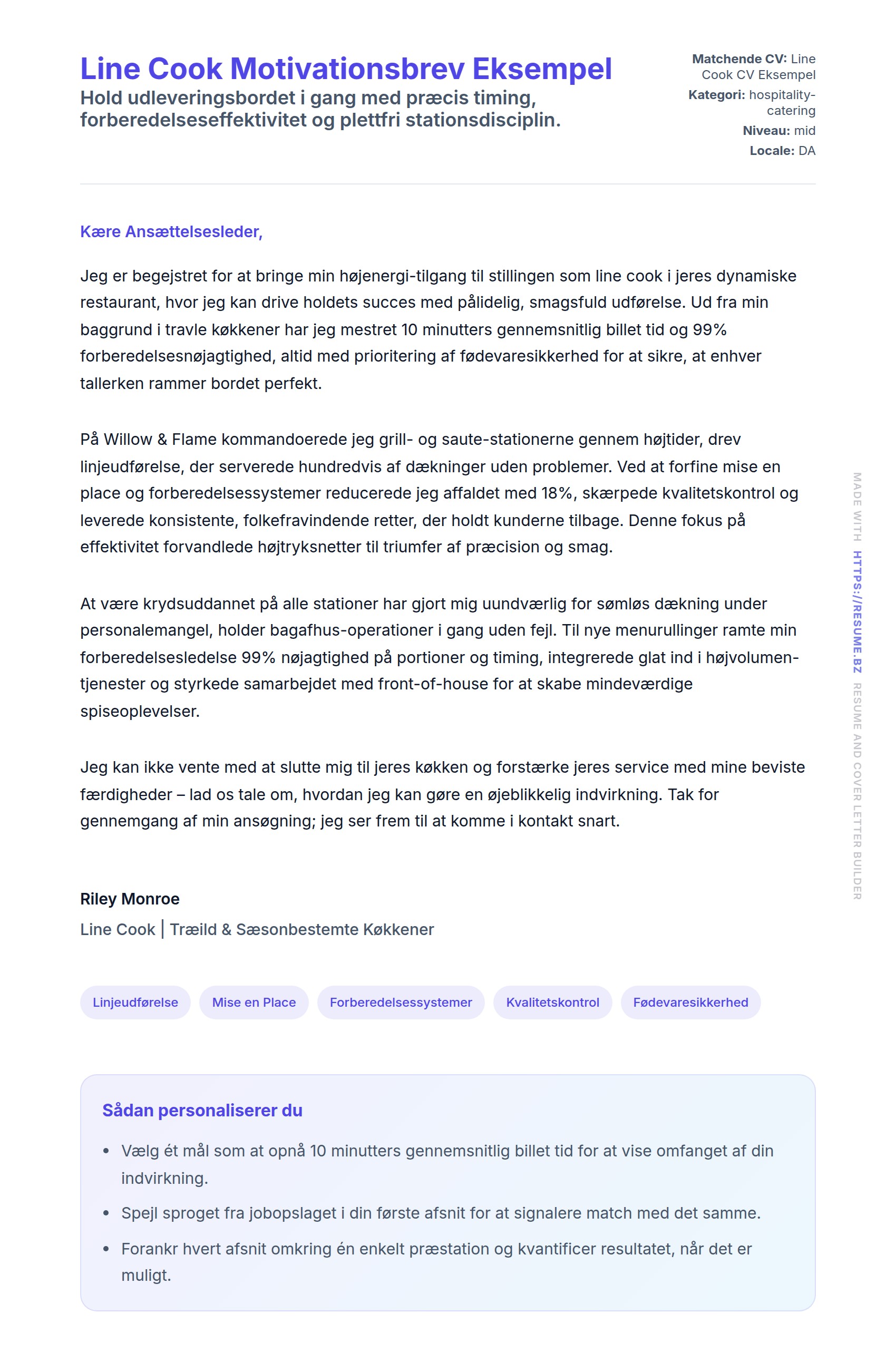 Ansøgningsbrev forhåndsvisning for Line Cook Motivationsbrev Eksempel