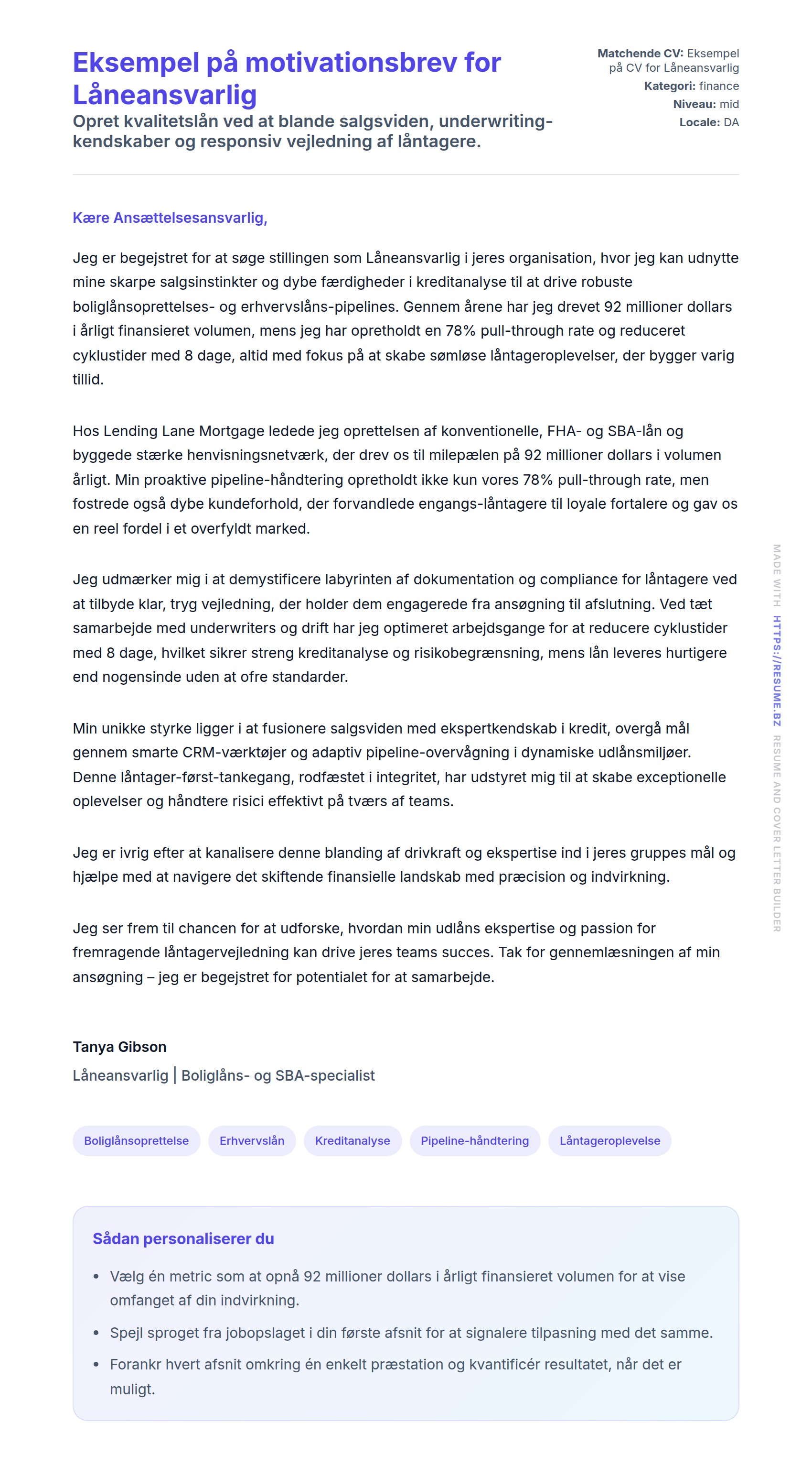 Eksempel på motivationsbrev for Låneansvarlig