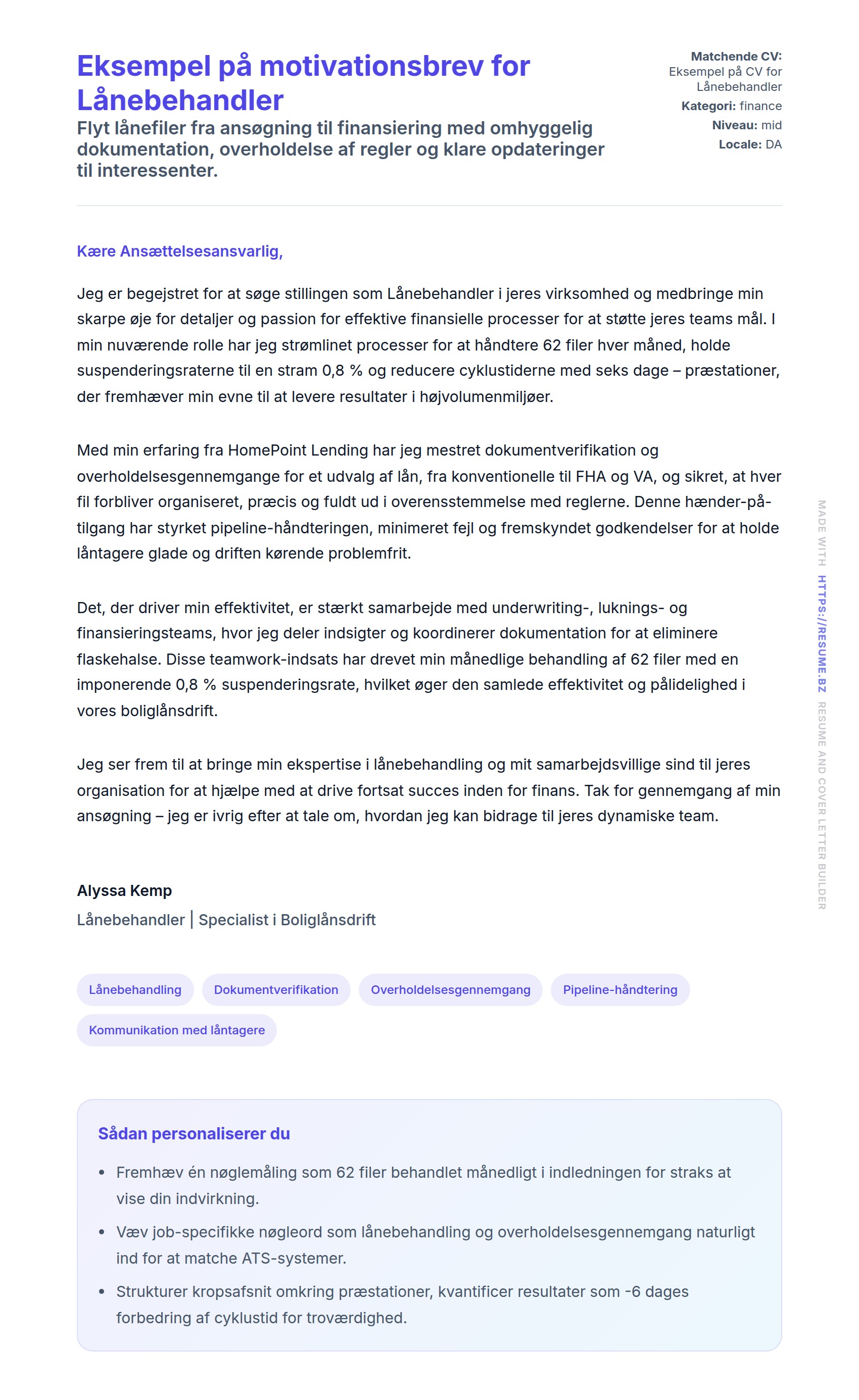 Ansøgningsbrev forhåndsvisning for Eksempel på motivationsbrev for Lånebehandler