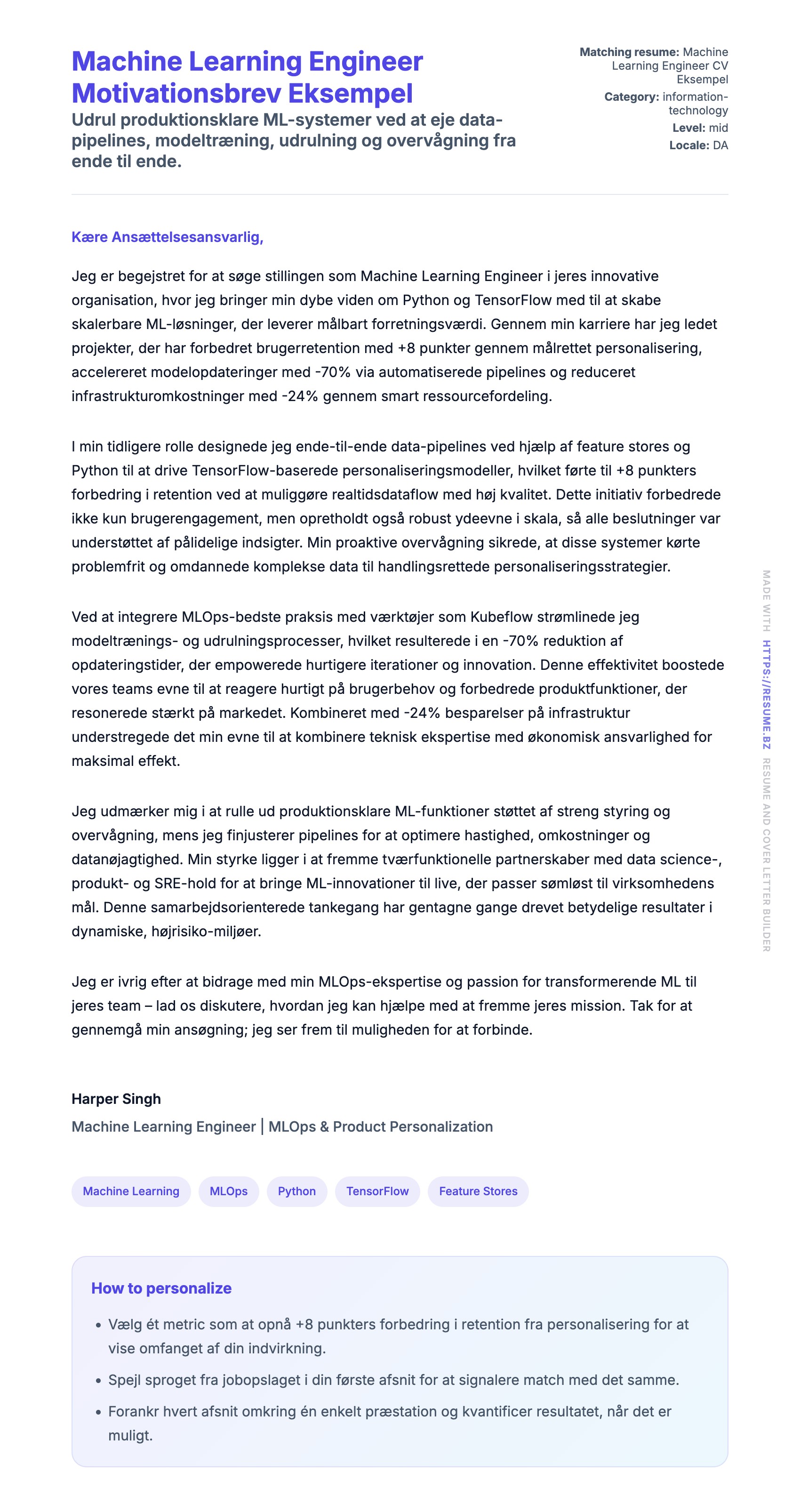 Ansøgningsbrev forhåndsvisning for Machine Learning Engineer Motivationsbrev Eksempel