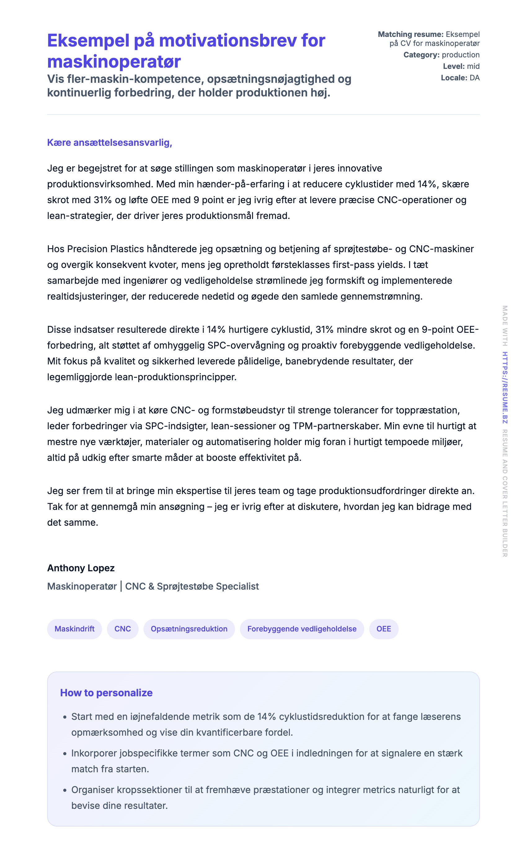 Ansøgningsbrev forhåndsvisning for Eksempel på motivationsbrev for maskinoperatør