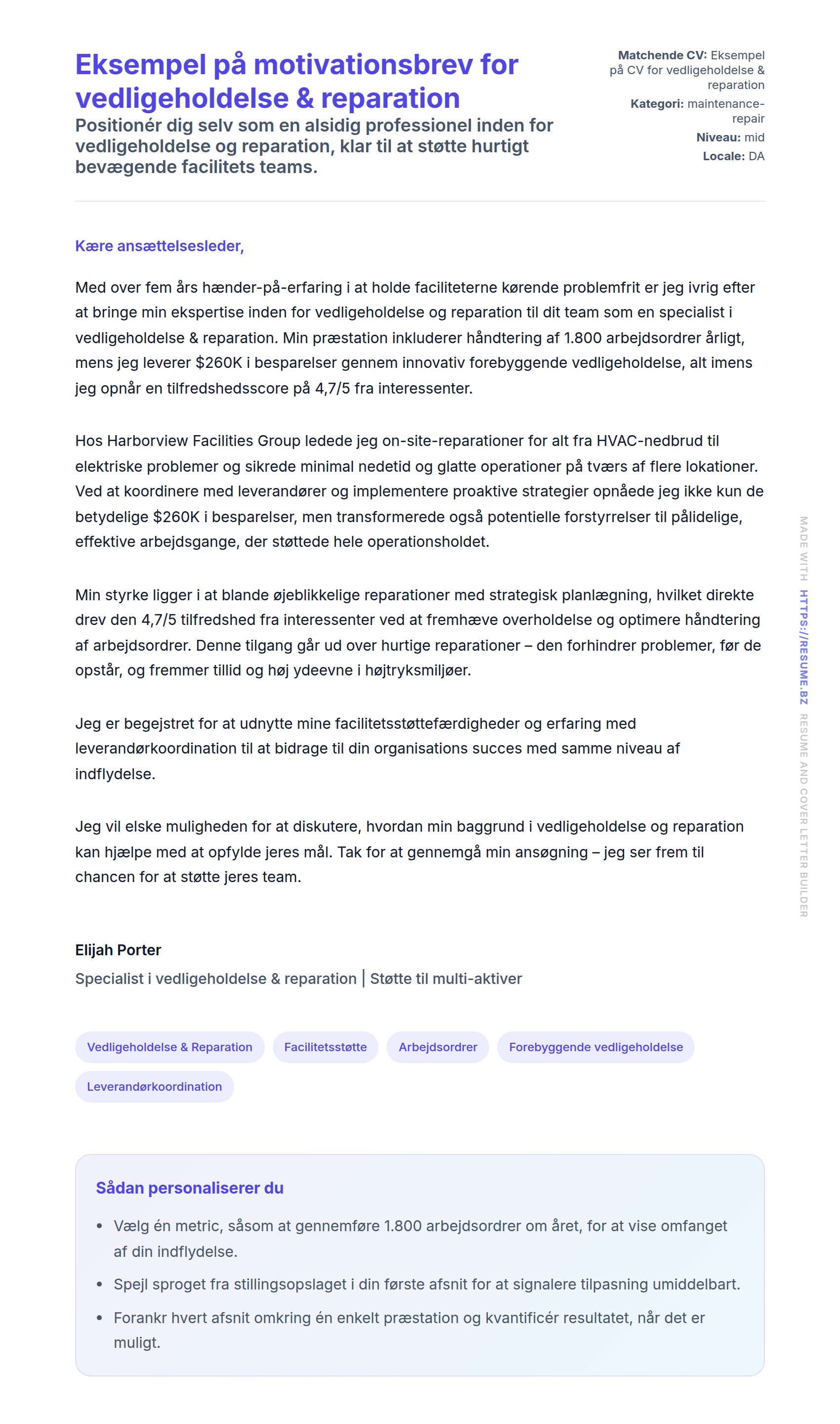 Ansøgningsbrev forhåndsvisning for Eksempel på motivationsbrev for vedligeholdelse & reparation