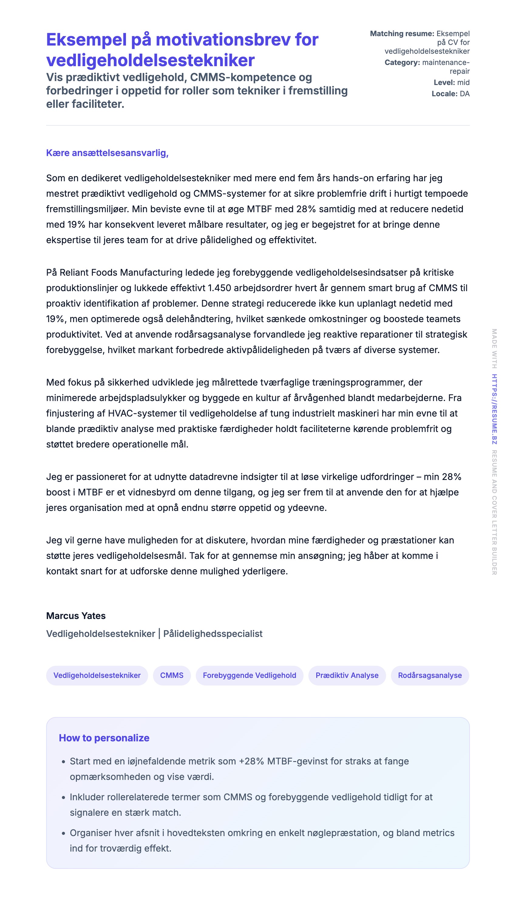 Ansøgningsbrev forhåndsvisning for Eksempel på motivationsbrev for vedligeholdelsestekniker