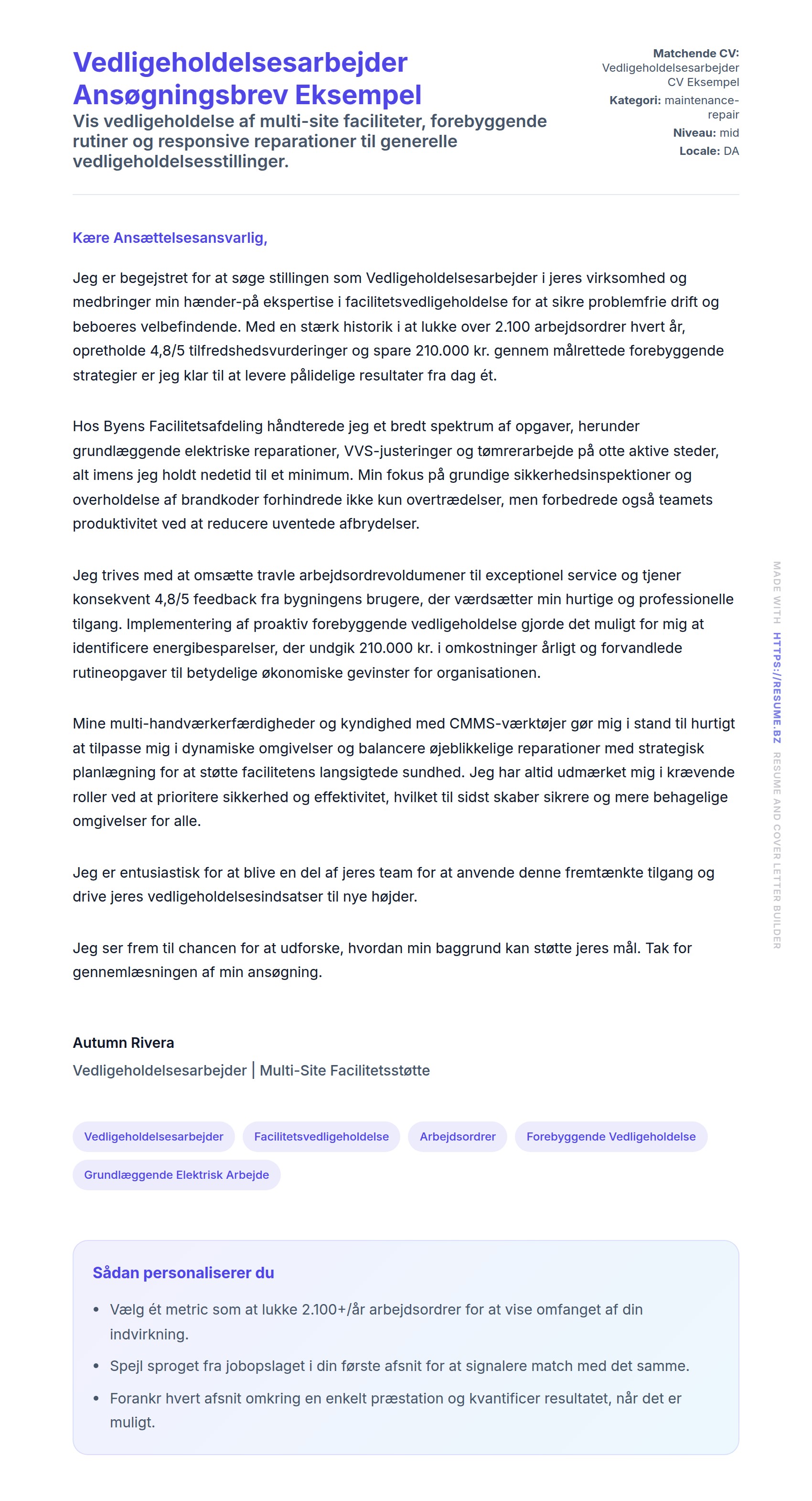 Ansøgningsbrev forhåndsvisning for Vedligeholdelsesarbejder Ansøgningsbrev Eksempel
