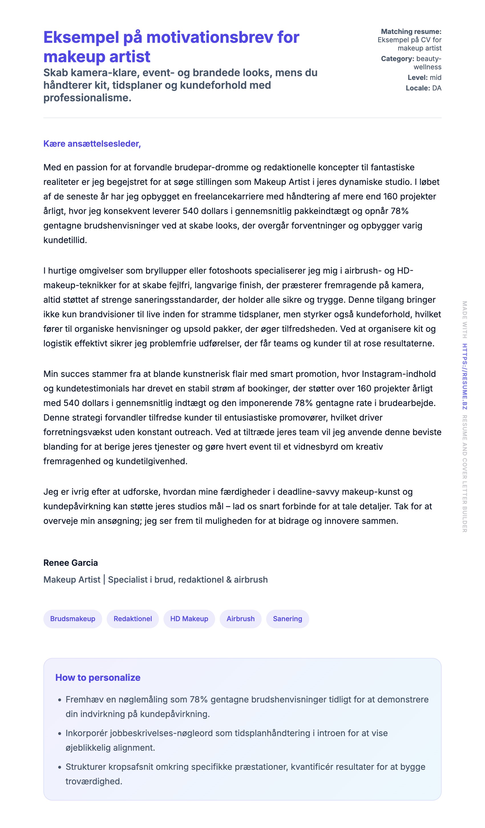 Ansøgningsbrev forhåndsvisning for Eksempel på motivationsbrev for makeup artist