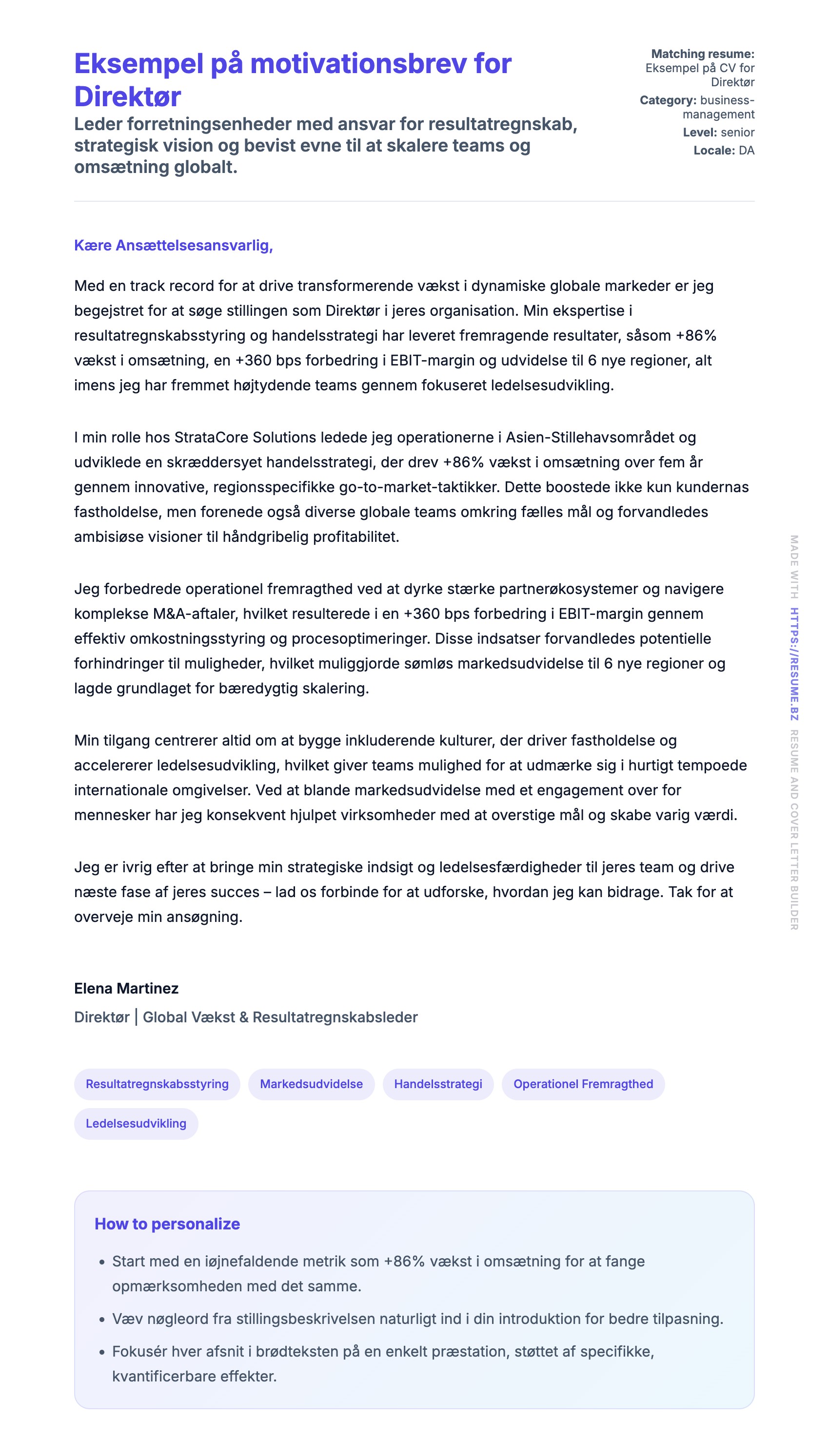 Ansøgningsbrev forhåndsvisning for Eksempel på motivationsbrev for Direktør