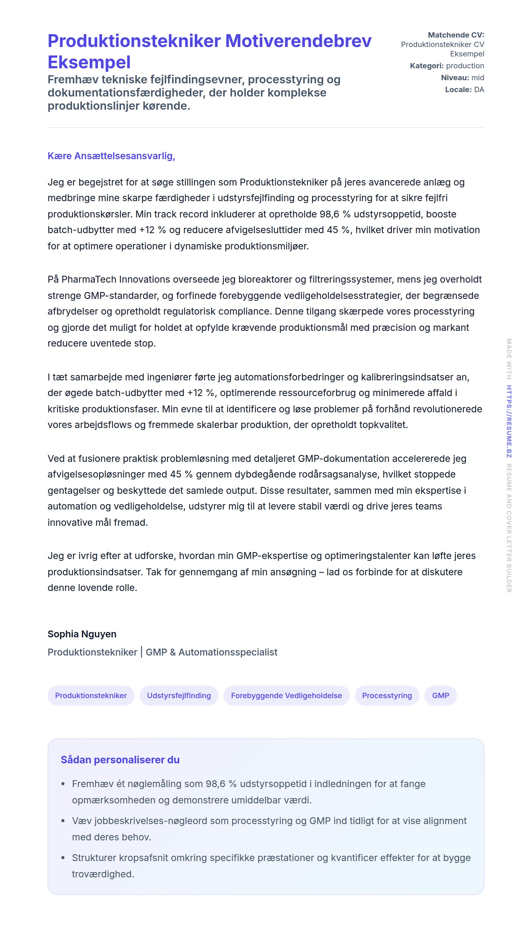 Ansøgningsbrev forhåndsvisning for Produktionstekniker Motiverendebrev Eksempel