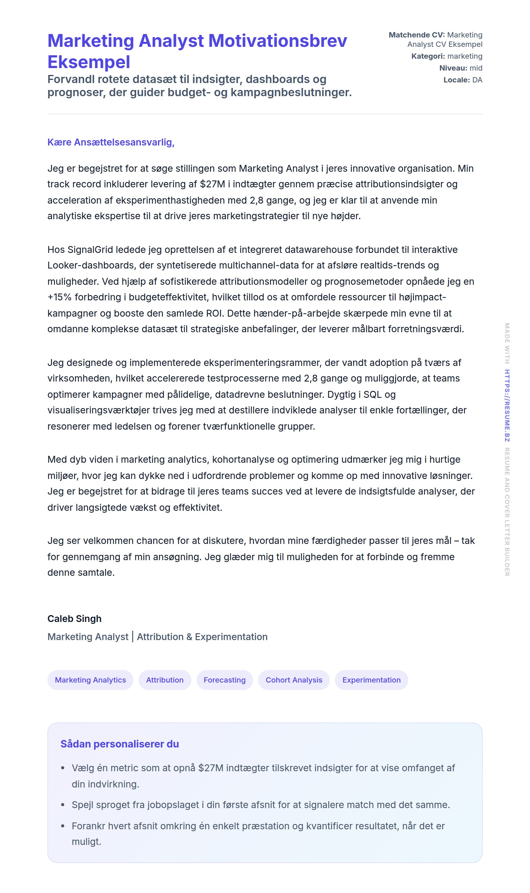 Ansøgningsbrev forhåndsvisning for Marketing Analyst Motivationsbrev Eksempel