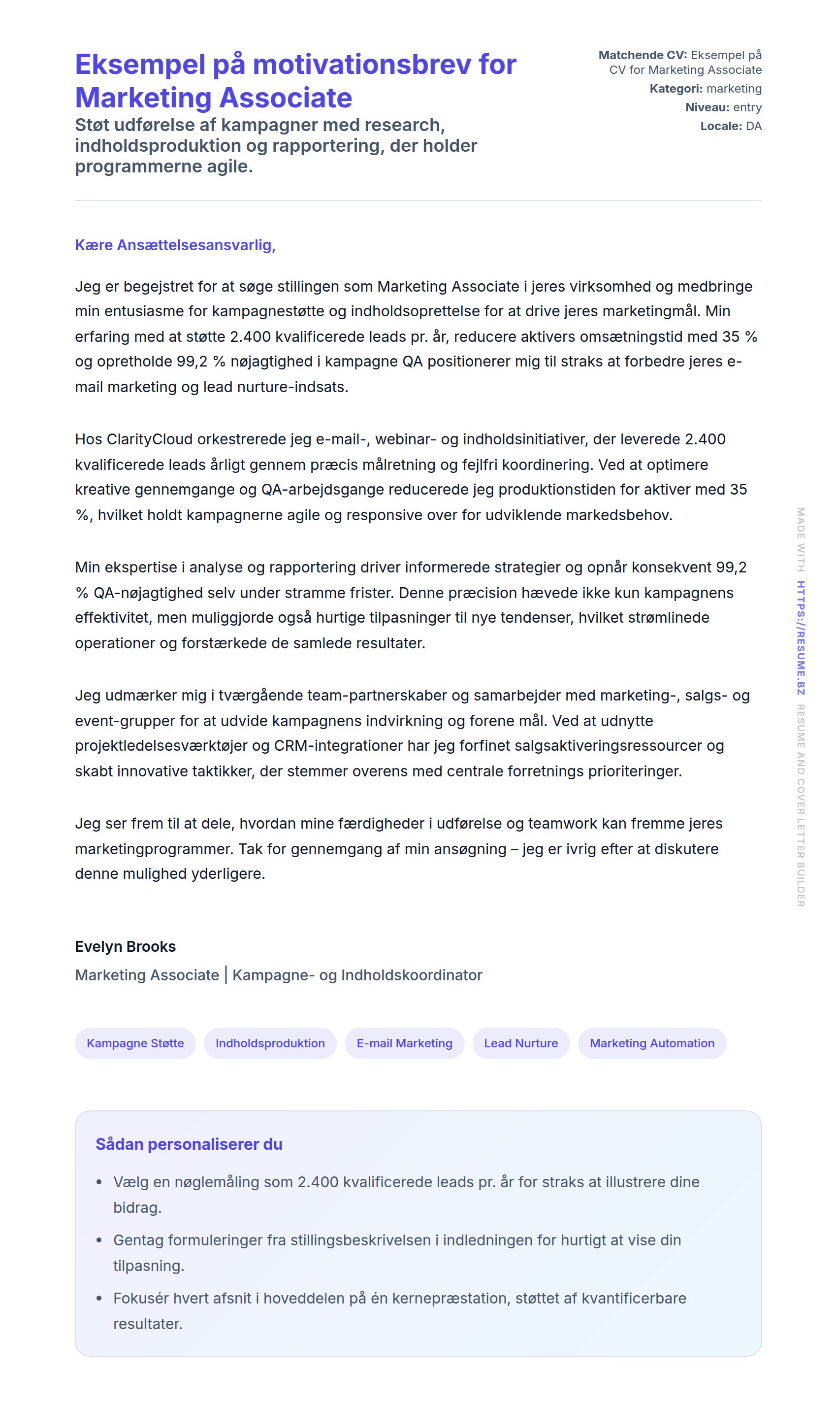 Ansøgningsbrev forhåndsvisning for Eksempel på motivationsbrev for Marketing Associate