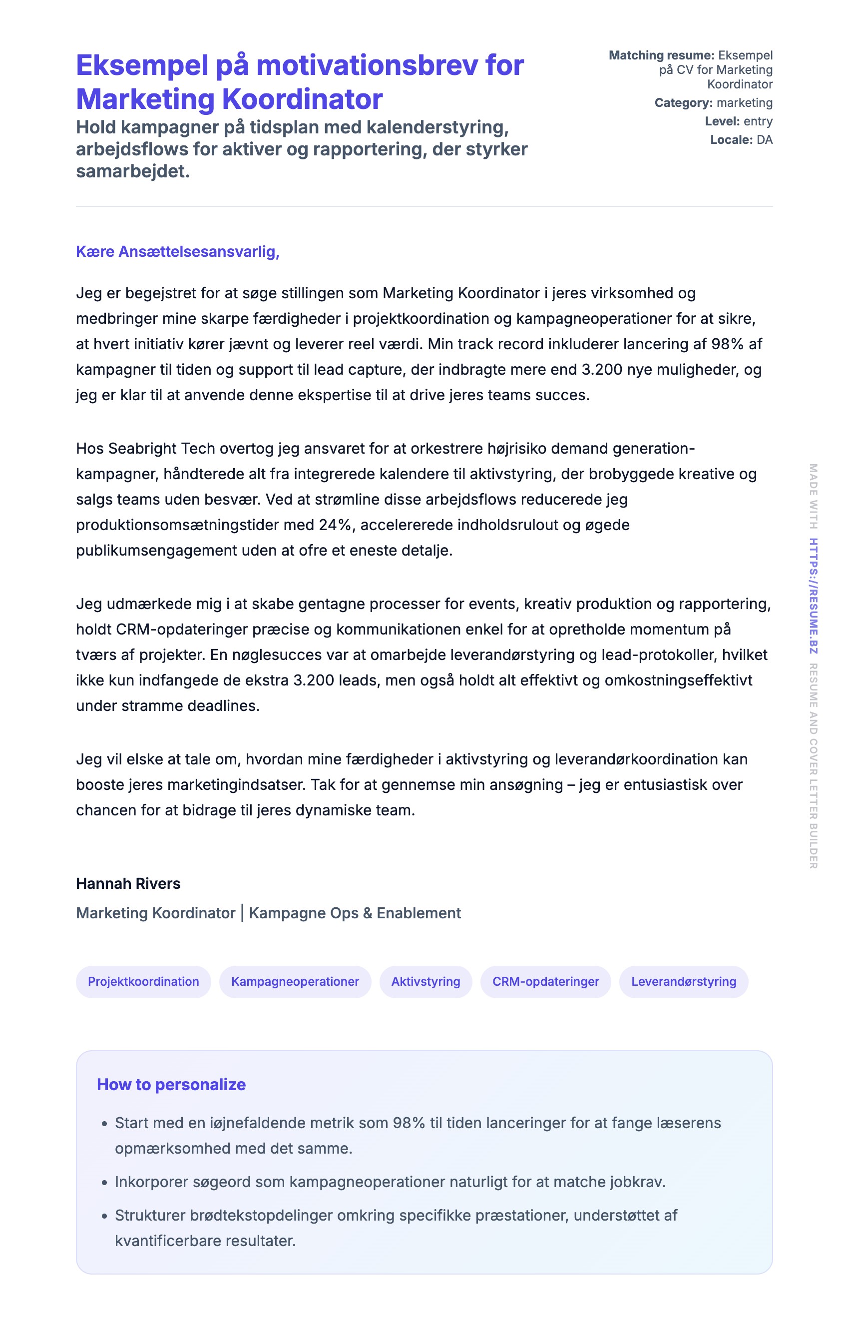 Ansøgningsbrev forhåndsvisning for Eksempel på motivationsbrev for Marketing Koordinator