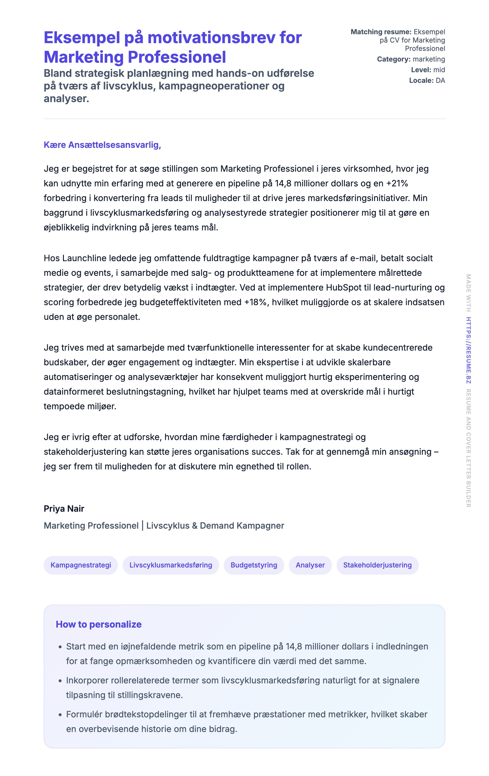 Ansøgningsbrev forhåndsvisning for Eksempel på motivationsbrev for Marketing Professionel