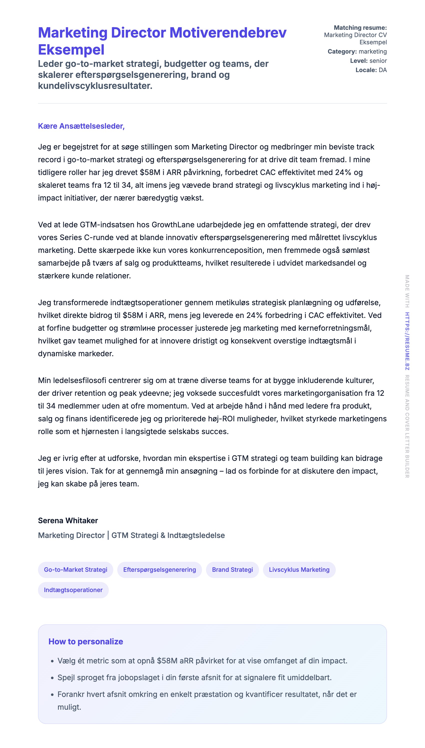 Ansøgningsbrev forhåndsvisning for Marketing Director Motiverendebrev Eksempel