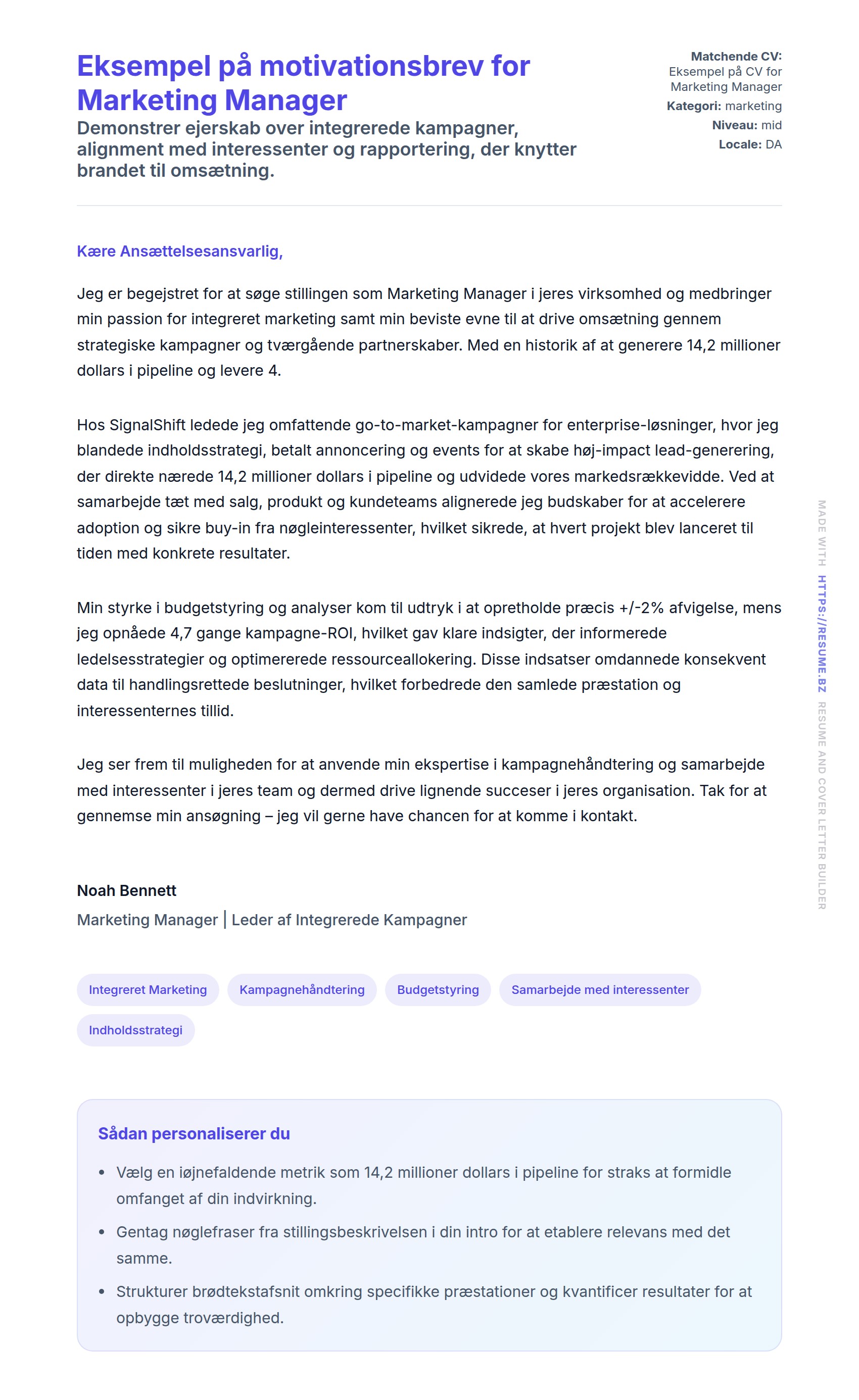 Ansøgningsbrev forhåndsvisning for Eksempel på motivationsbrev for Marketing Manager