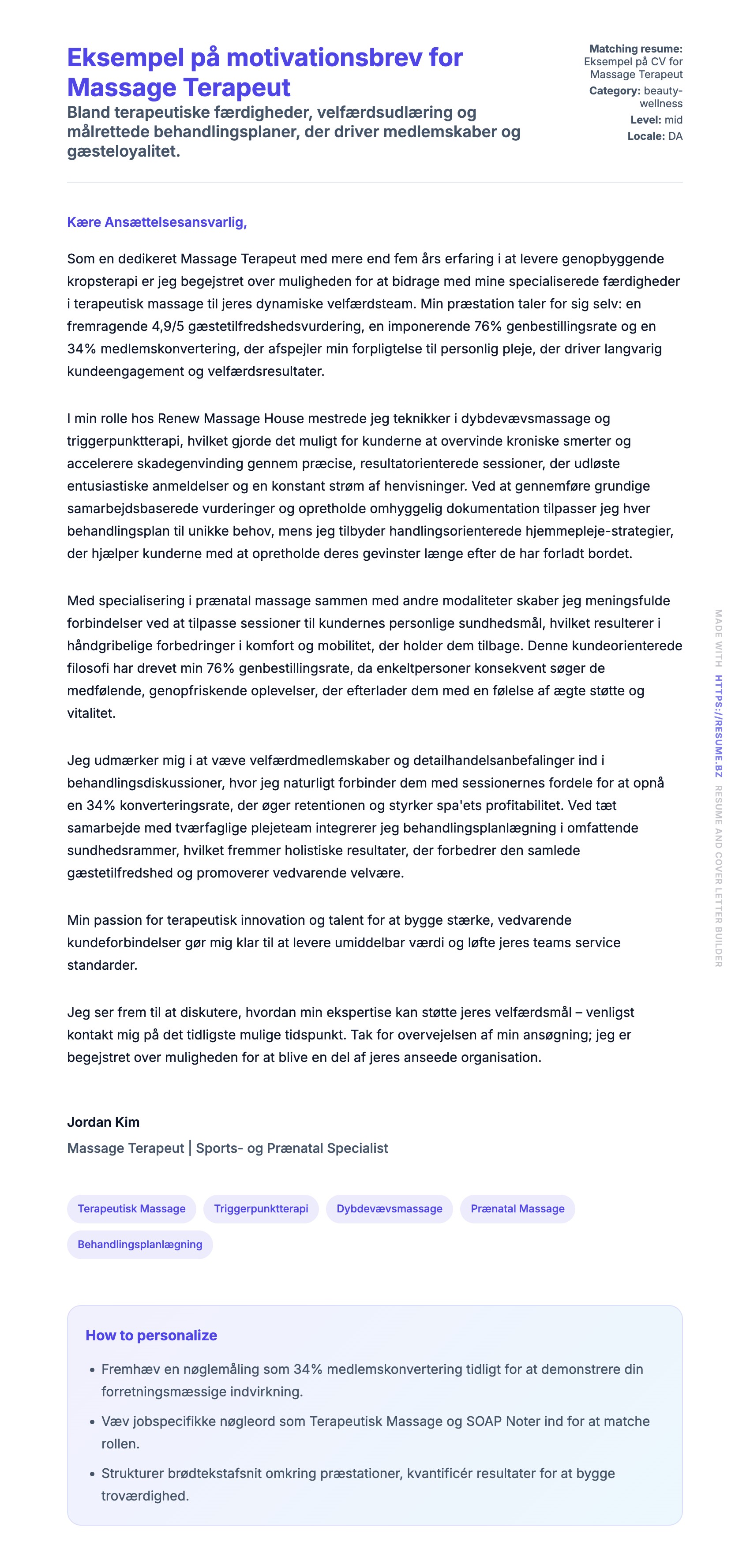 Ansøgningsbrev forhåndsvisning for Eksempel på motivationsbrev for Massage Terapeut