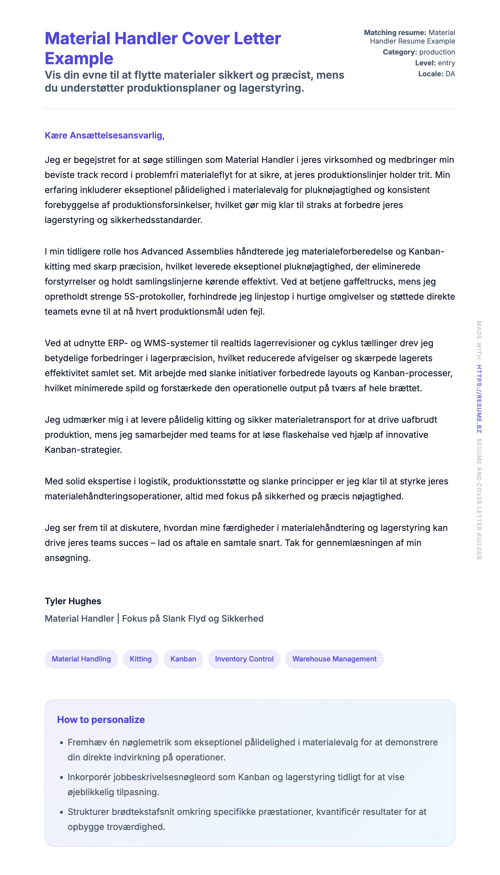 Ansøgningsbrev forhåndsvisning for Material Handler Cover Letter Example