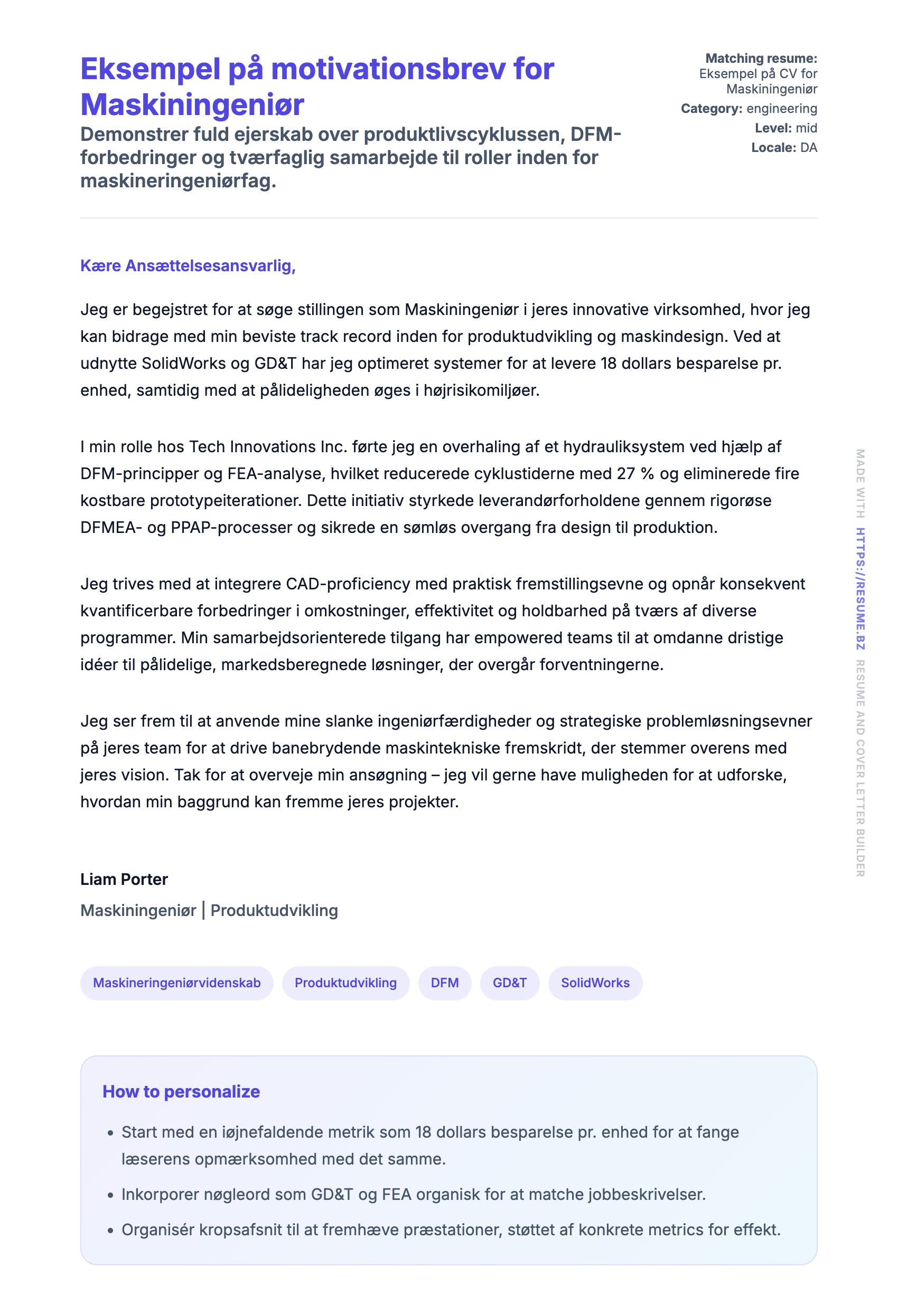 Ansøgningsbrev forhåndsvisning for Eksempel på motivationsbrev for Maskiningeniør