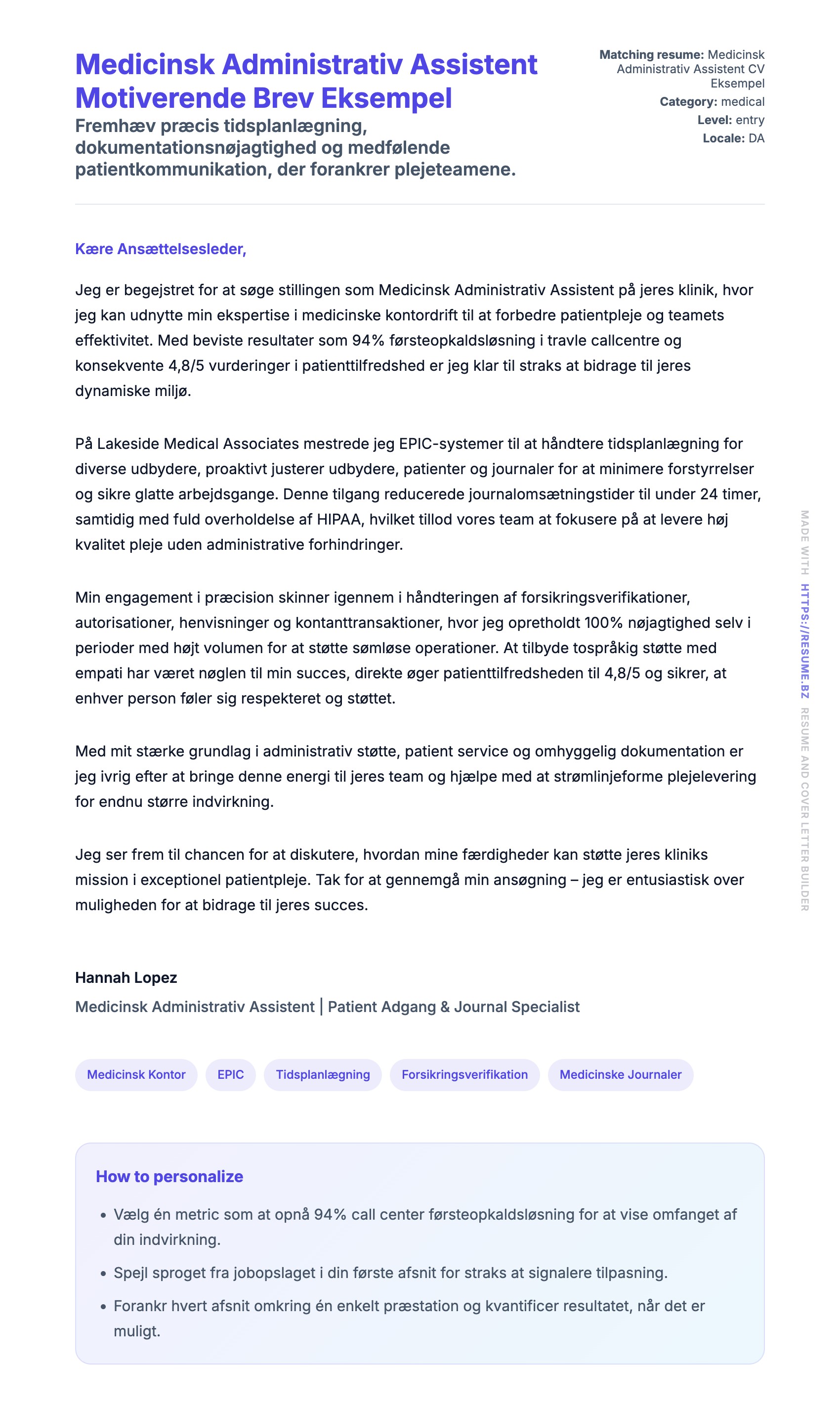 Ansøgningsbrev forhåndsvisning for Medicinsk Administrativ Assistent Motiverende Brev Eksempel