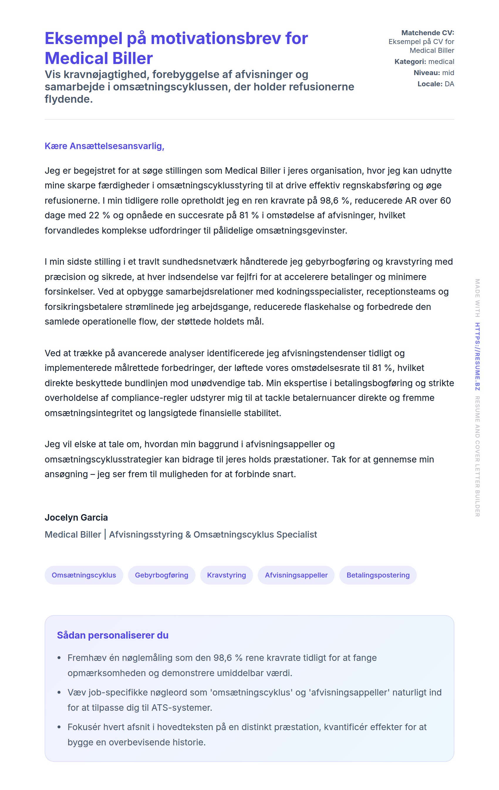 Ansøgningsbrev forhåndsvisning for Eksempel på motivationsbrev for Medical Biller