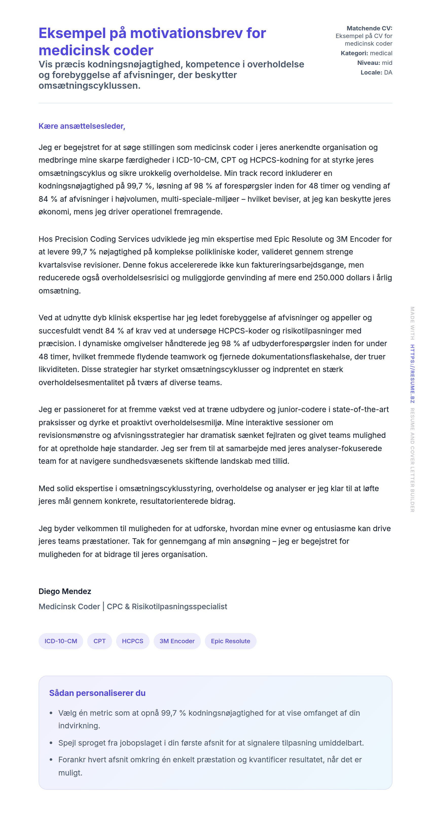Ansøgningsbrev forhåndsvisning for Eksempel på motivationsbrev for medicinsk coder