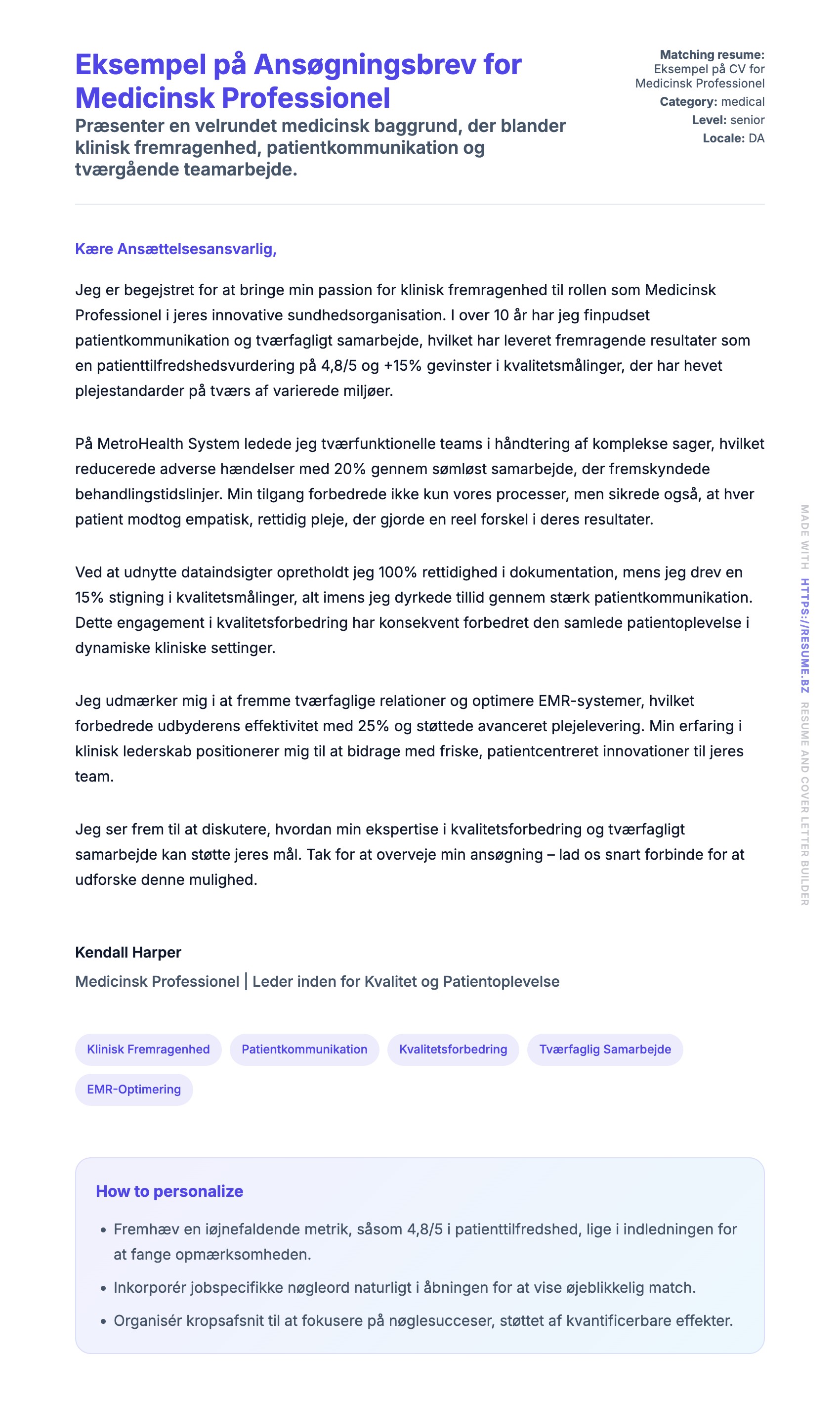 Ansøgningsbrev forhåndsvisning for Eksempel på Ansøgningsbrev for Medicinsk Professionel