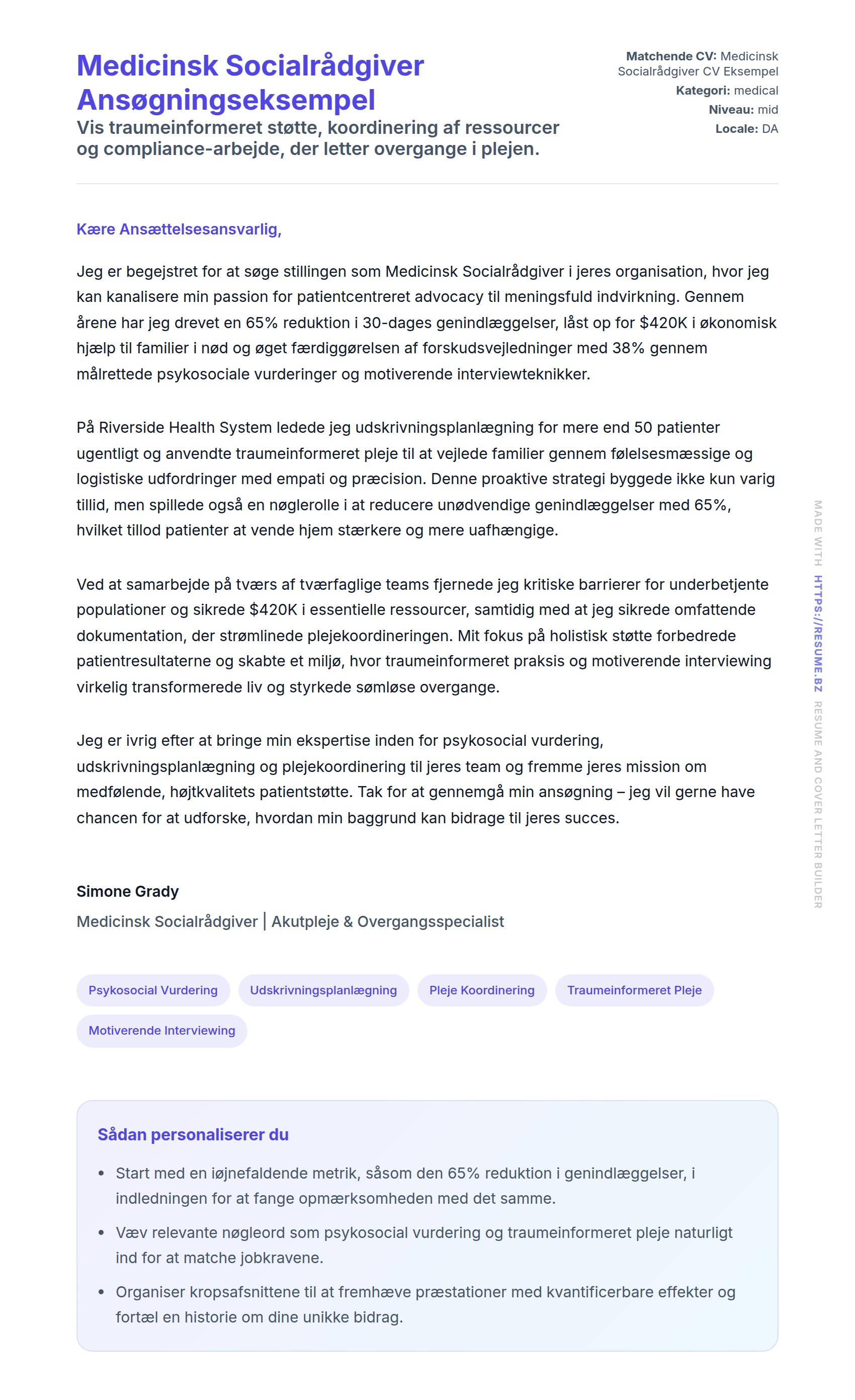 Ansøgningsbrev forhåndsvisning for Medicinsk Socialrådgiver Ansøgningseksempel