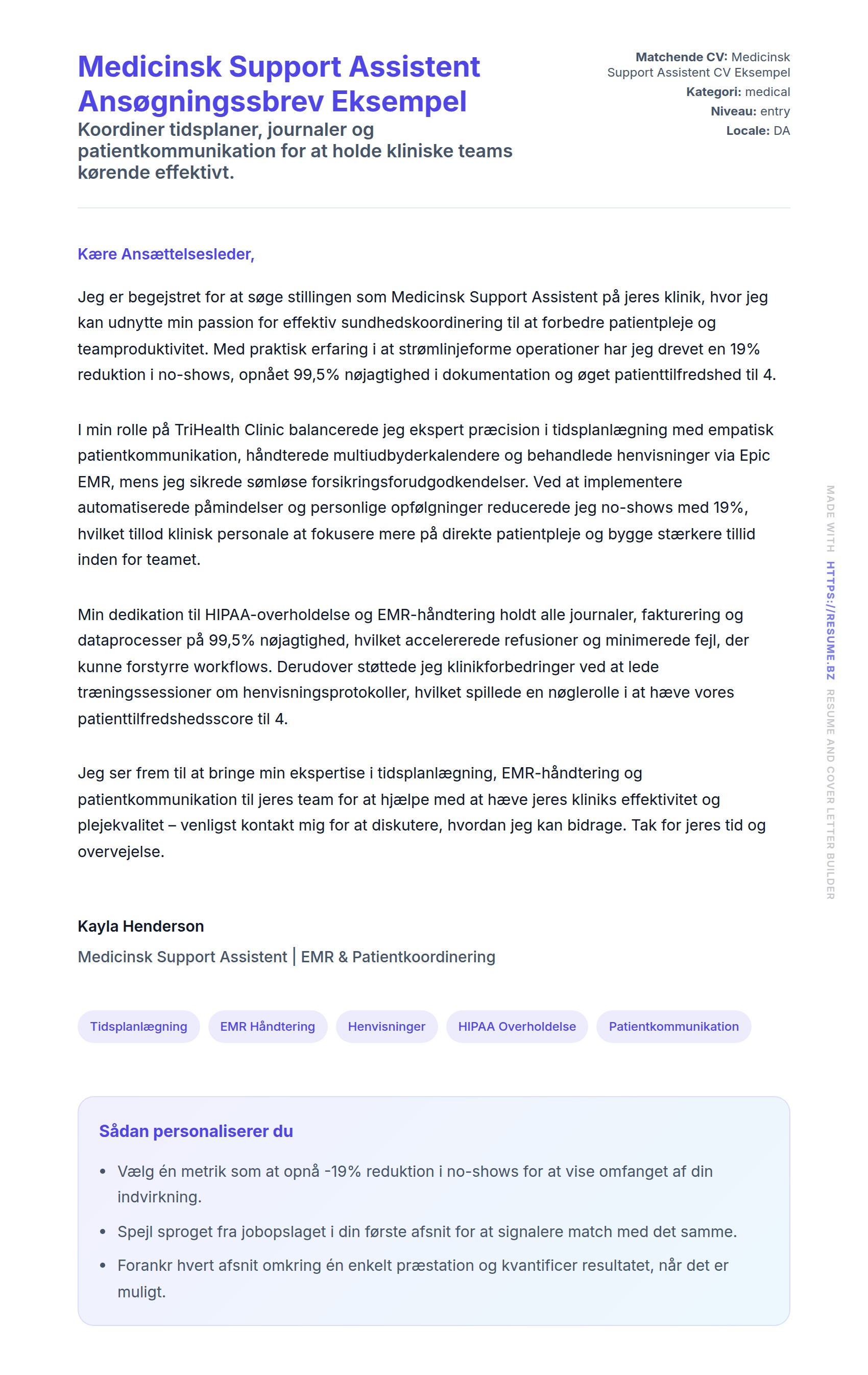 Ansøgningsbrev forhåndsvisning for Medicinsk Support Assistent Ansøgningssbrev Eksempel