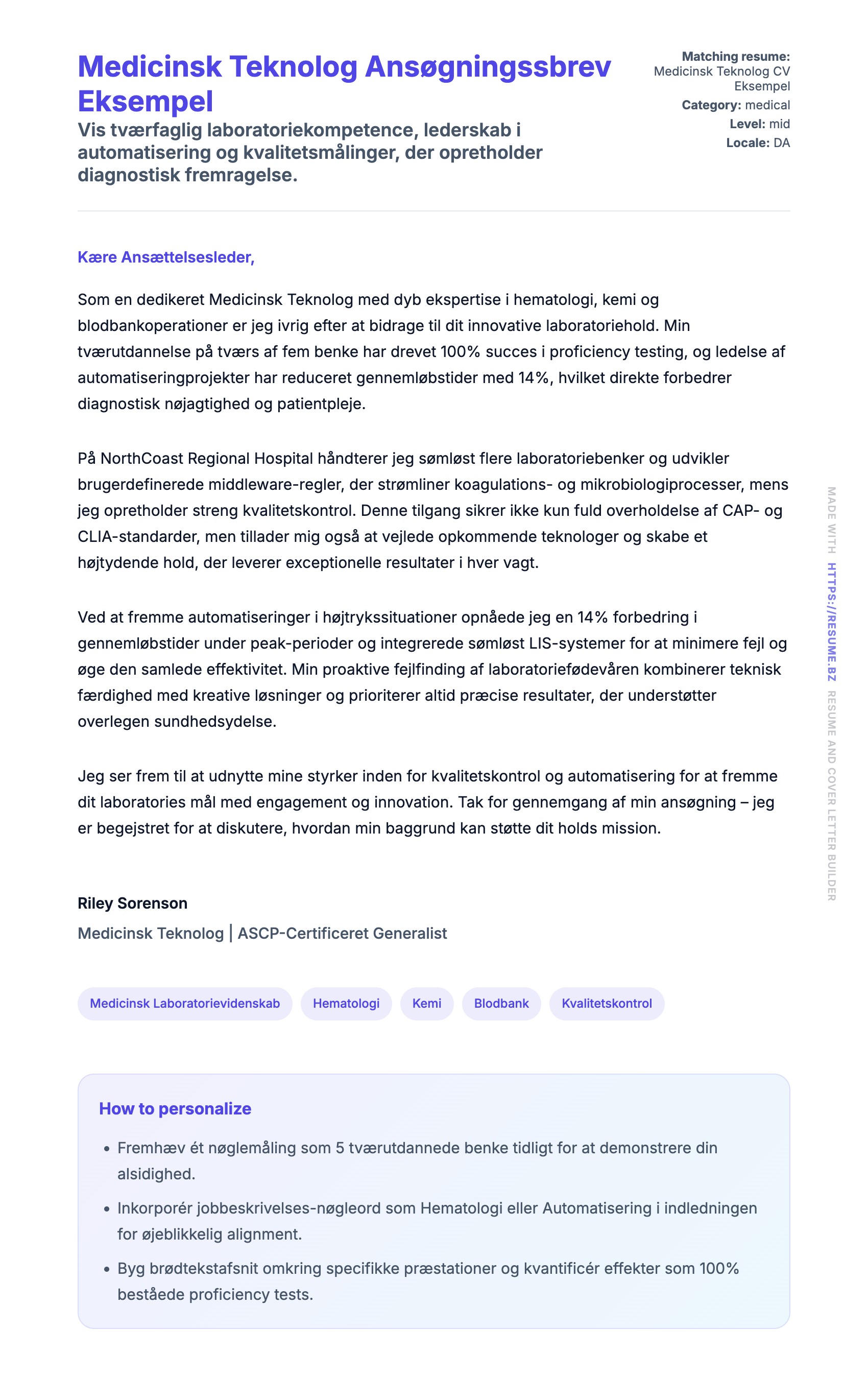 Ansøgningsbrev forhåndsvisning for Medicinsk Teknolog Ansøgningssbrev Eksempel
