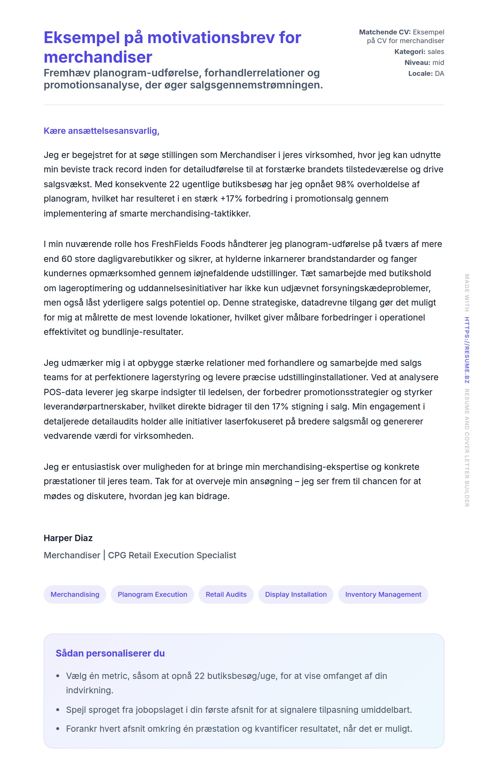 Ansøgningsbrev forhåndsvisning for Eksempel på motivationsbrev for merchandiser