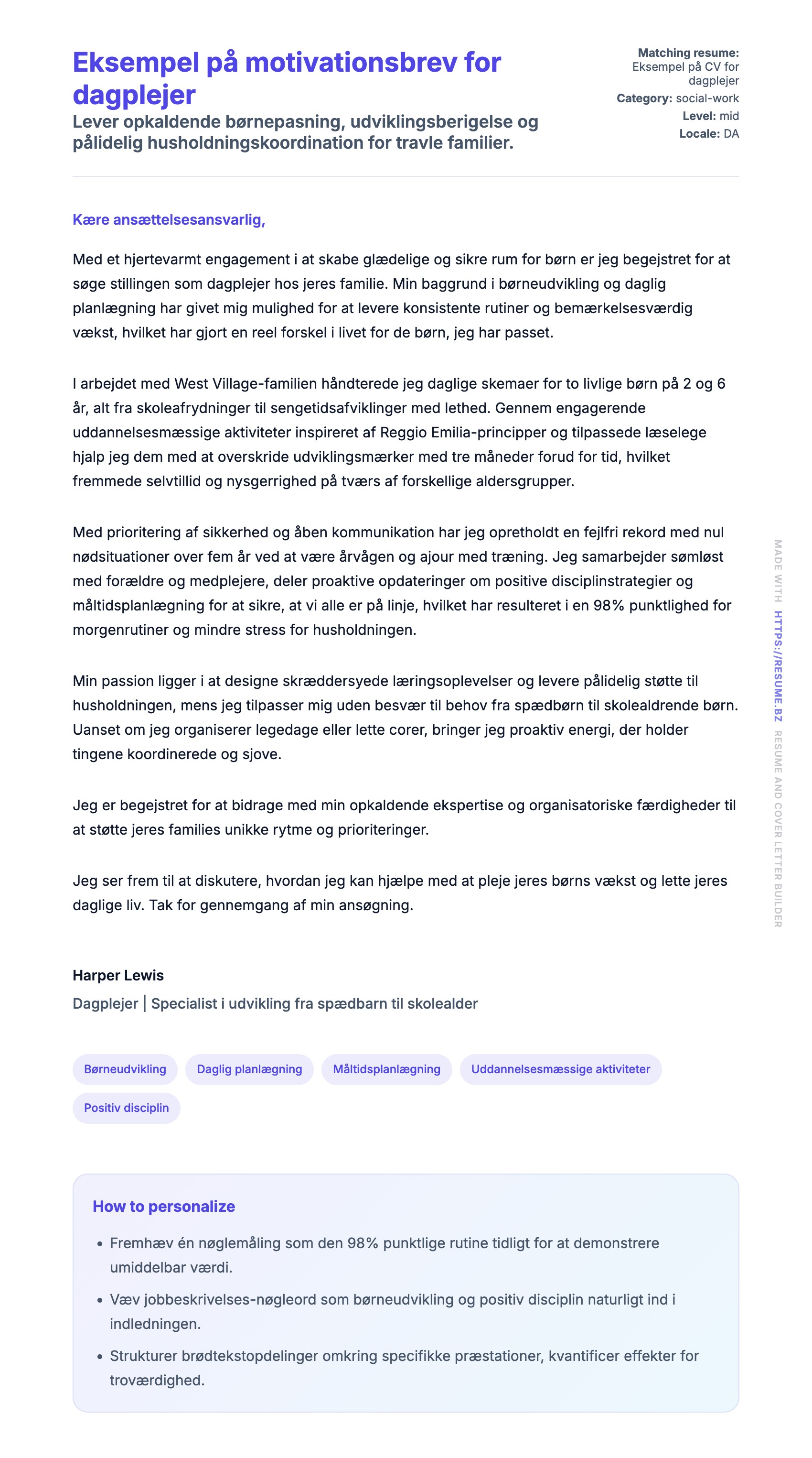 Ansøgningsbrev forhåndsvisning for Eksempel på motivationsbrev for dagplejer