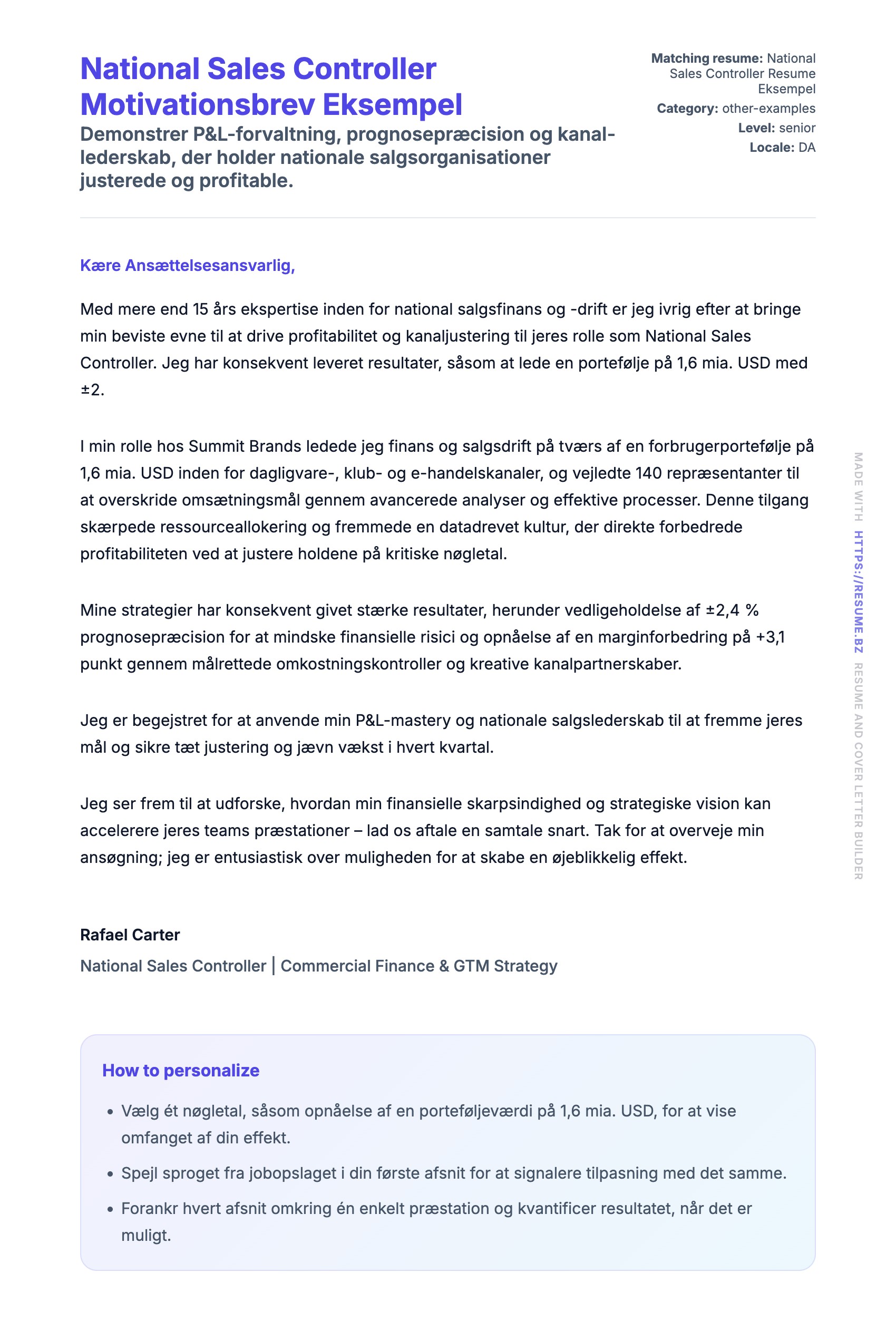 Ansøgningsbrev forhåndsvisning for National Sales Controller Motivationsbrev Eksempel