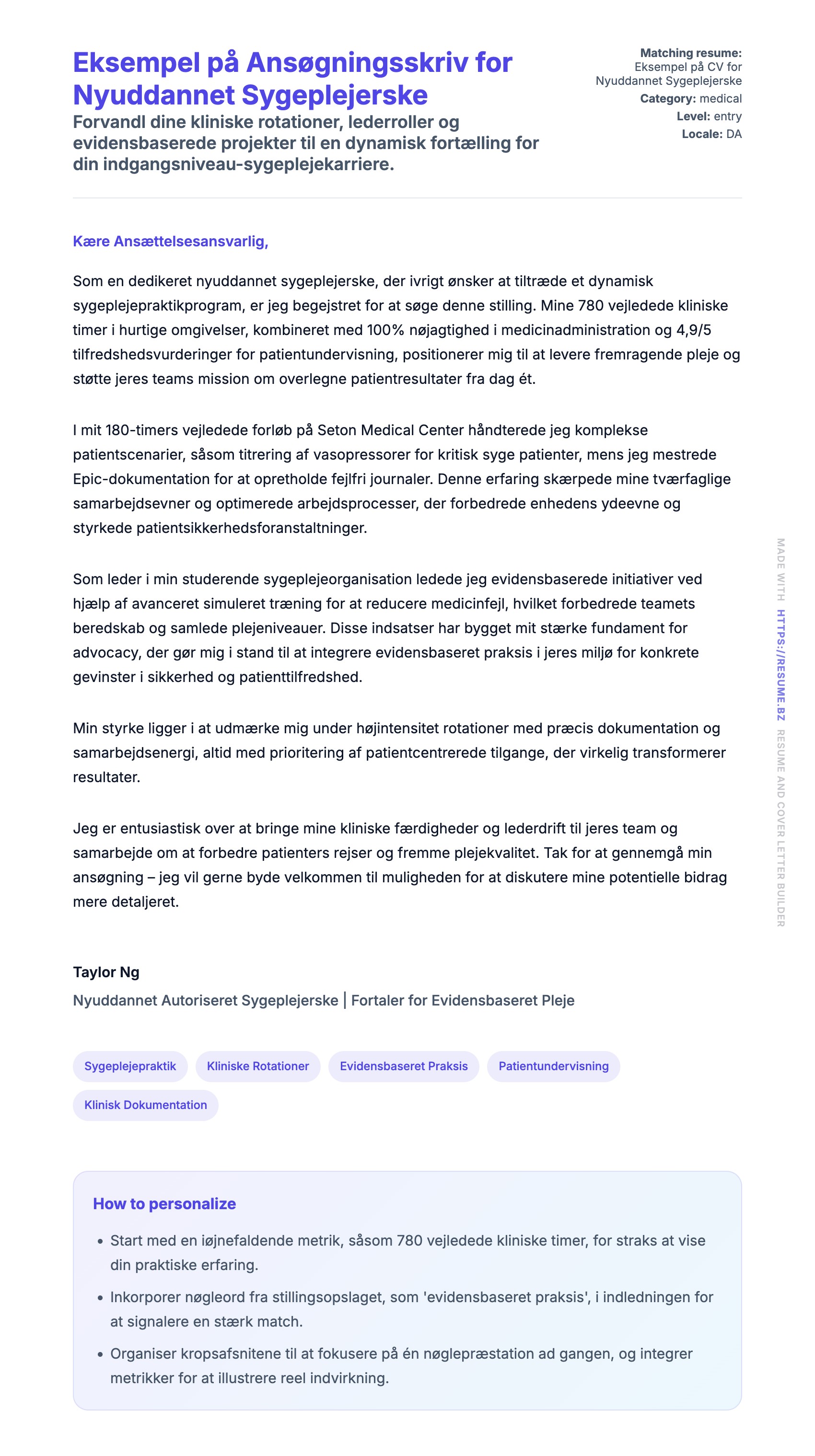 Ansøgningsbrev forhåndsvisning for Eksempel på Ansøgningsskriv for Nyuddannet Sygeplejerske