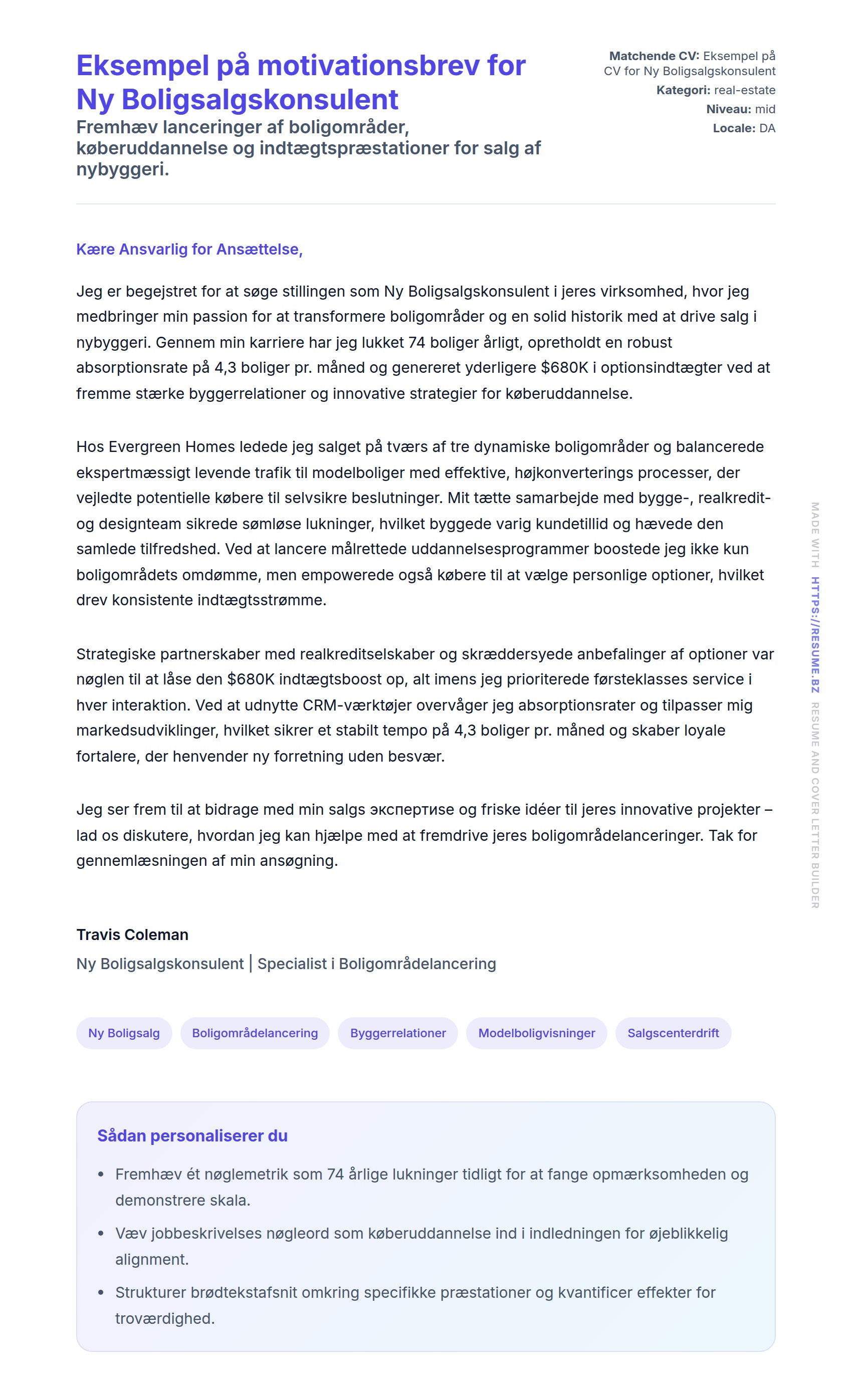 Ansøgningsbrev forhåndsvisning for Eksempel på motivationsbrev for Ny Boligsalgskonsulent