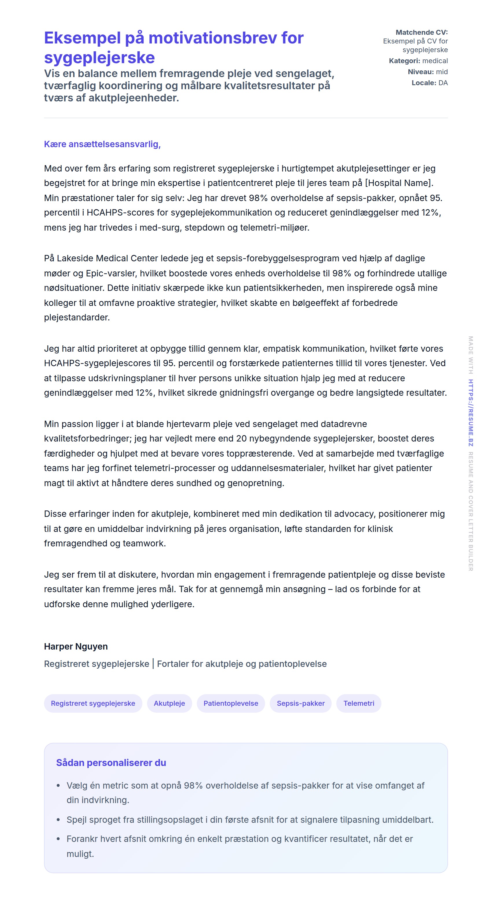 Ansøgningsbrev forhåndsvisning for Eksempel på motivationsbrev for sygeplejerske