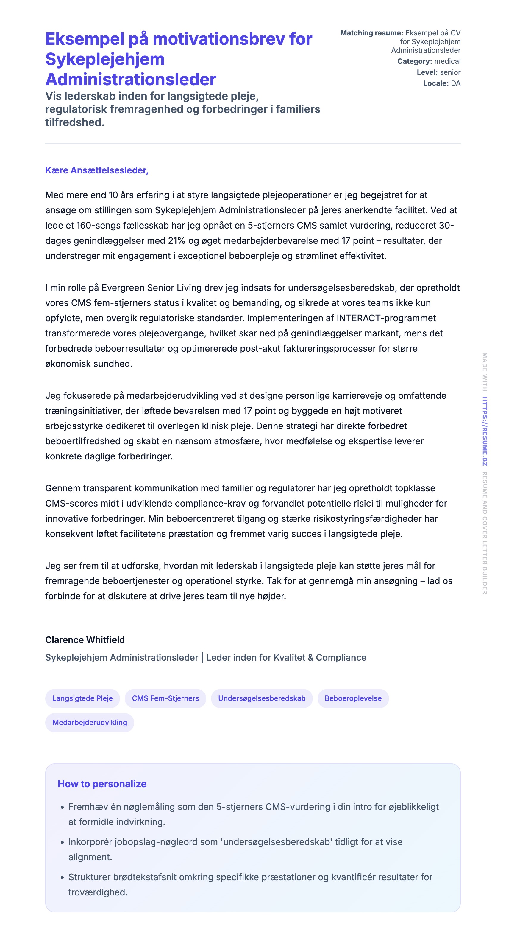 Ansøgningsbrev forhåndsvisning for Eksempel på motivationsbrev for Sykeplejehjem Administrationsleder
