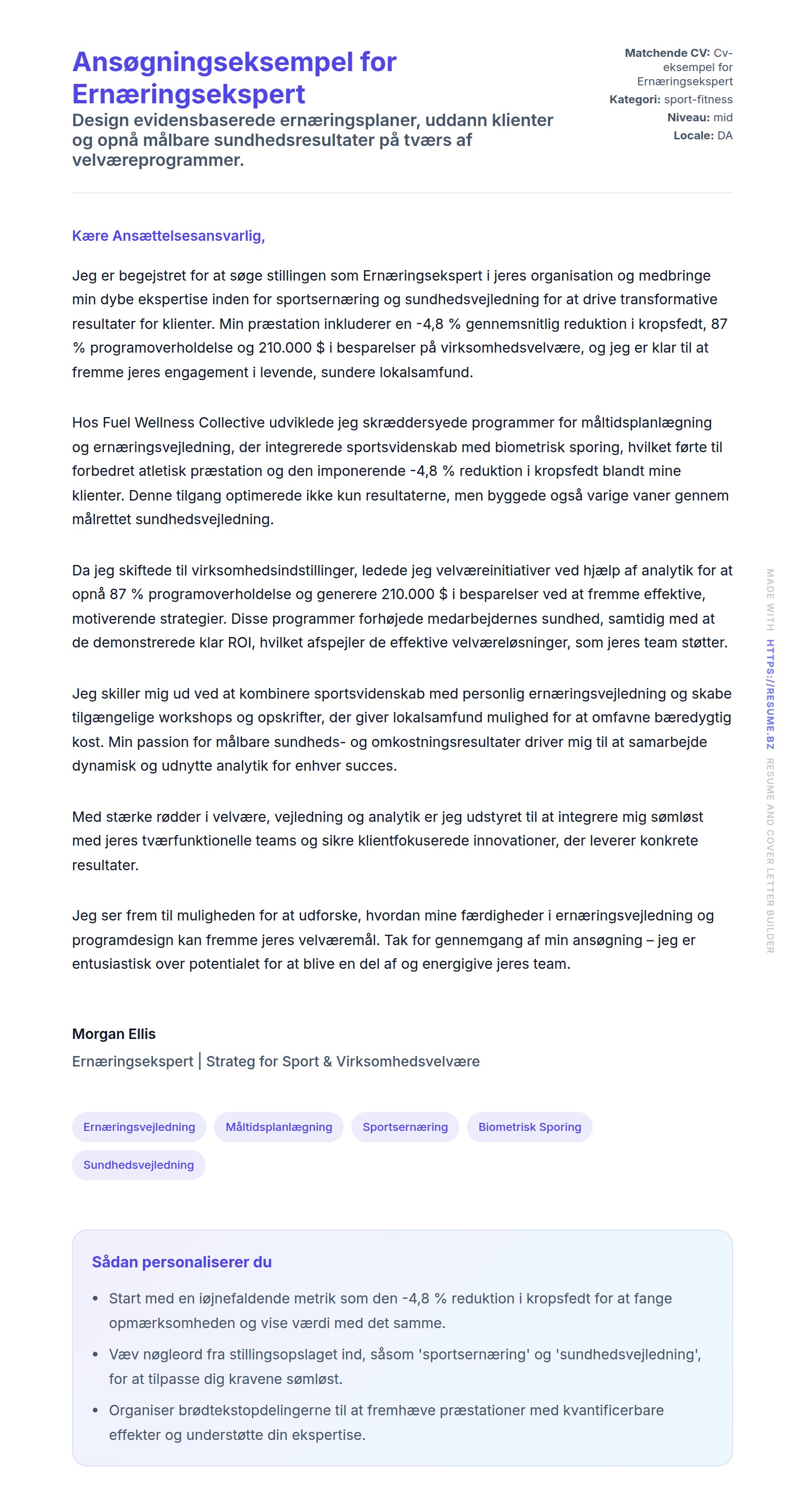 Ansøgningsbrev forhåndsvisning for Ansøgningseksempel for Ernæringsekspert