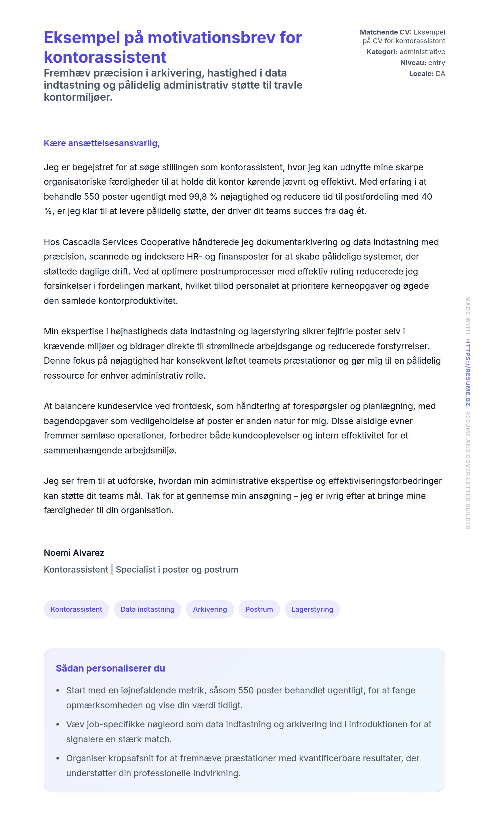 Ansøgningsbrev forhåndsvisning for Eksempel på motivationsbrev for kontorassistent