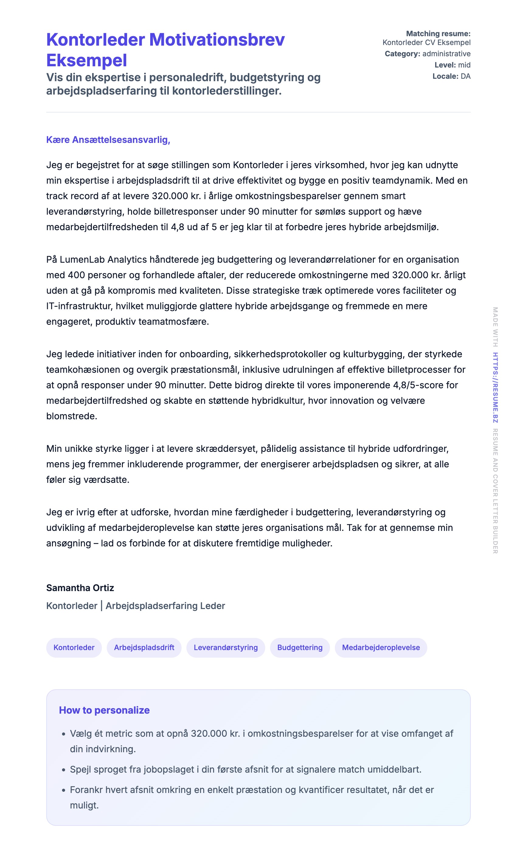 Ansøgningsbrev forhåndsvisning for Kontorleder Motivationsbrev Eksempel