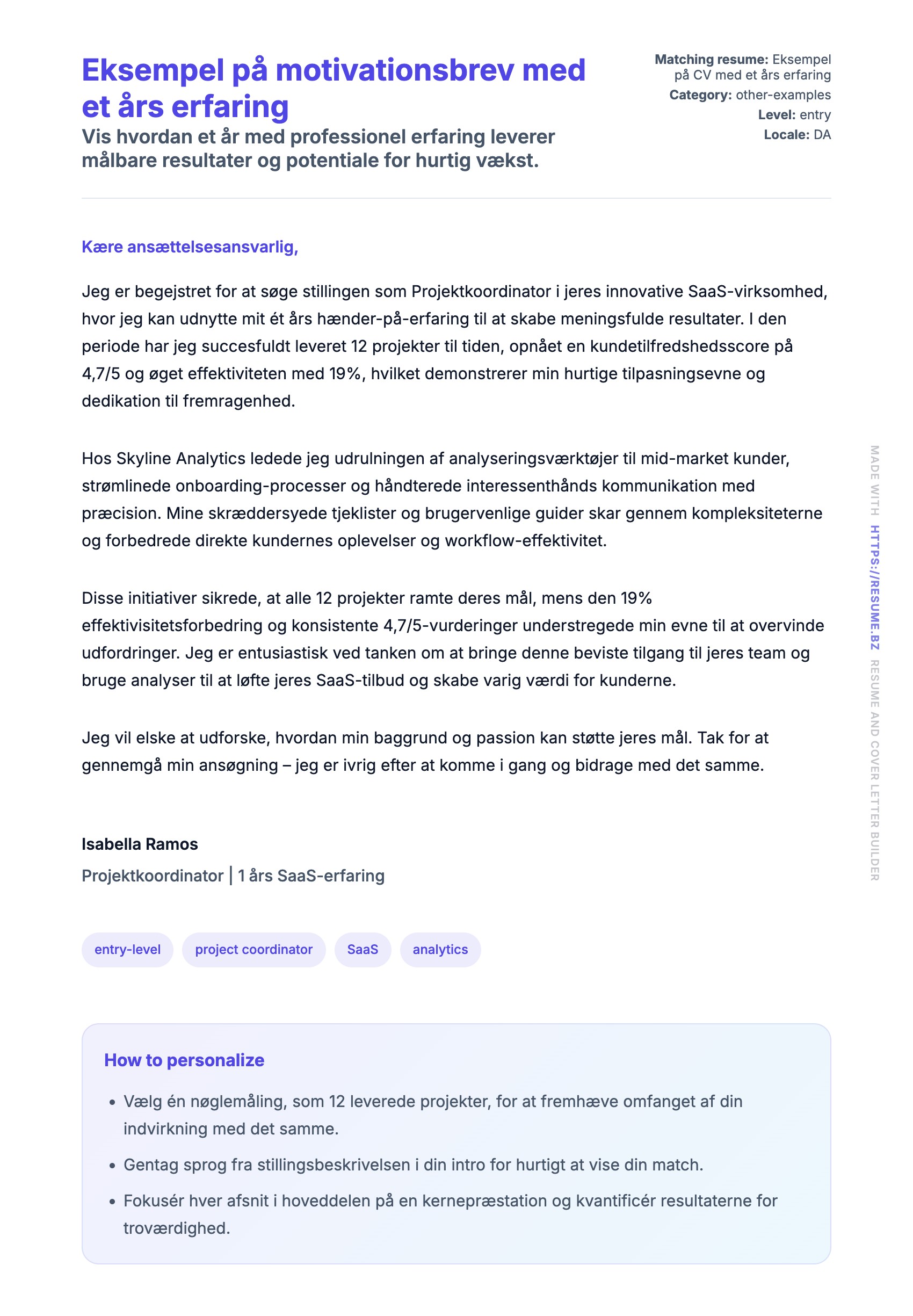 Ansøgningsbrev forhåndsvisning for Eksempel på motivationsbrev med et års erfaring