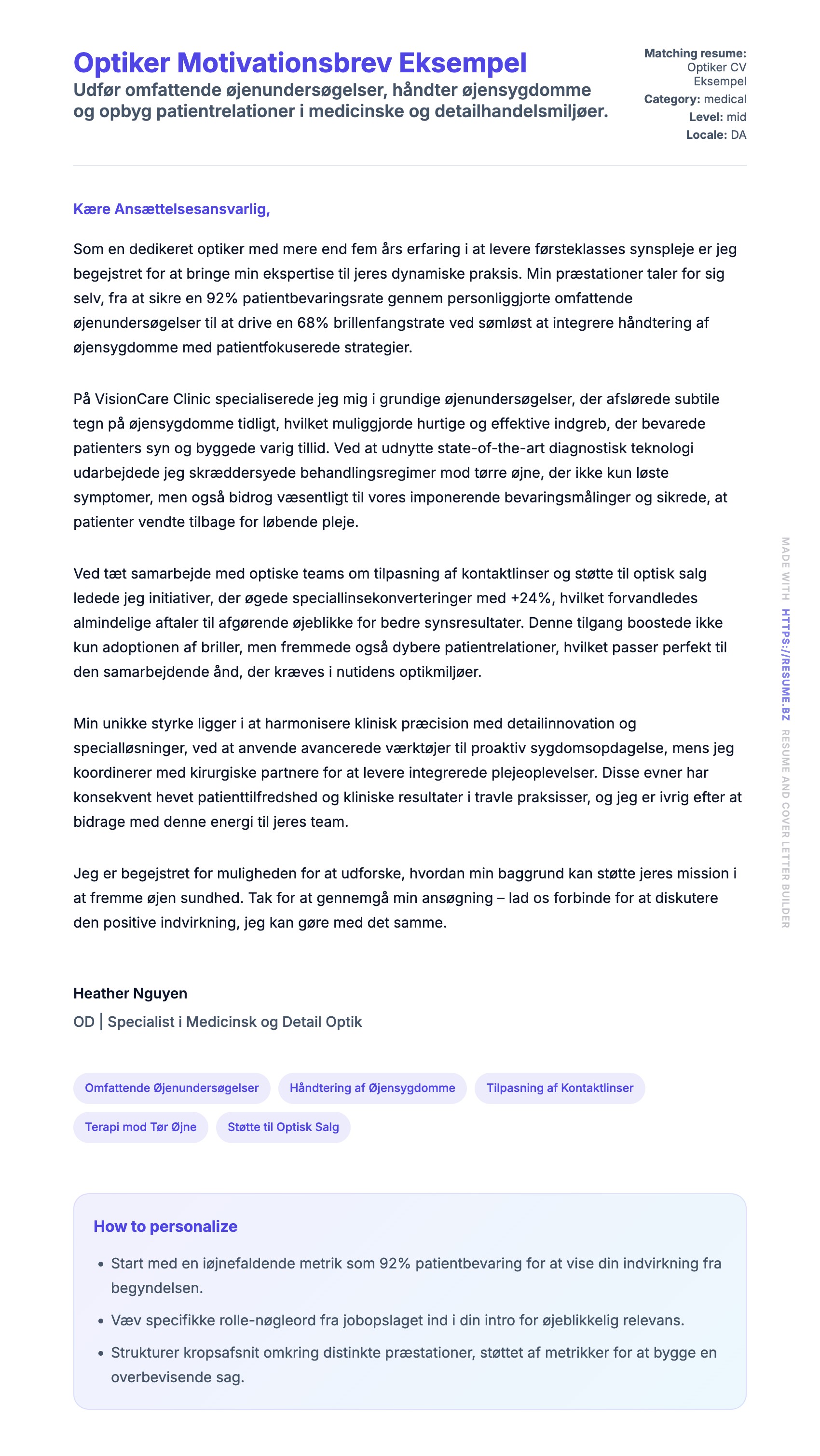 Ansøgningsbrev forhåndsvisning for Optiker Motivationsbrev Eksempel