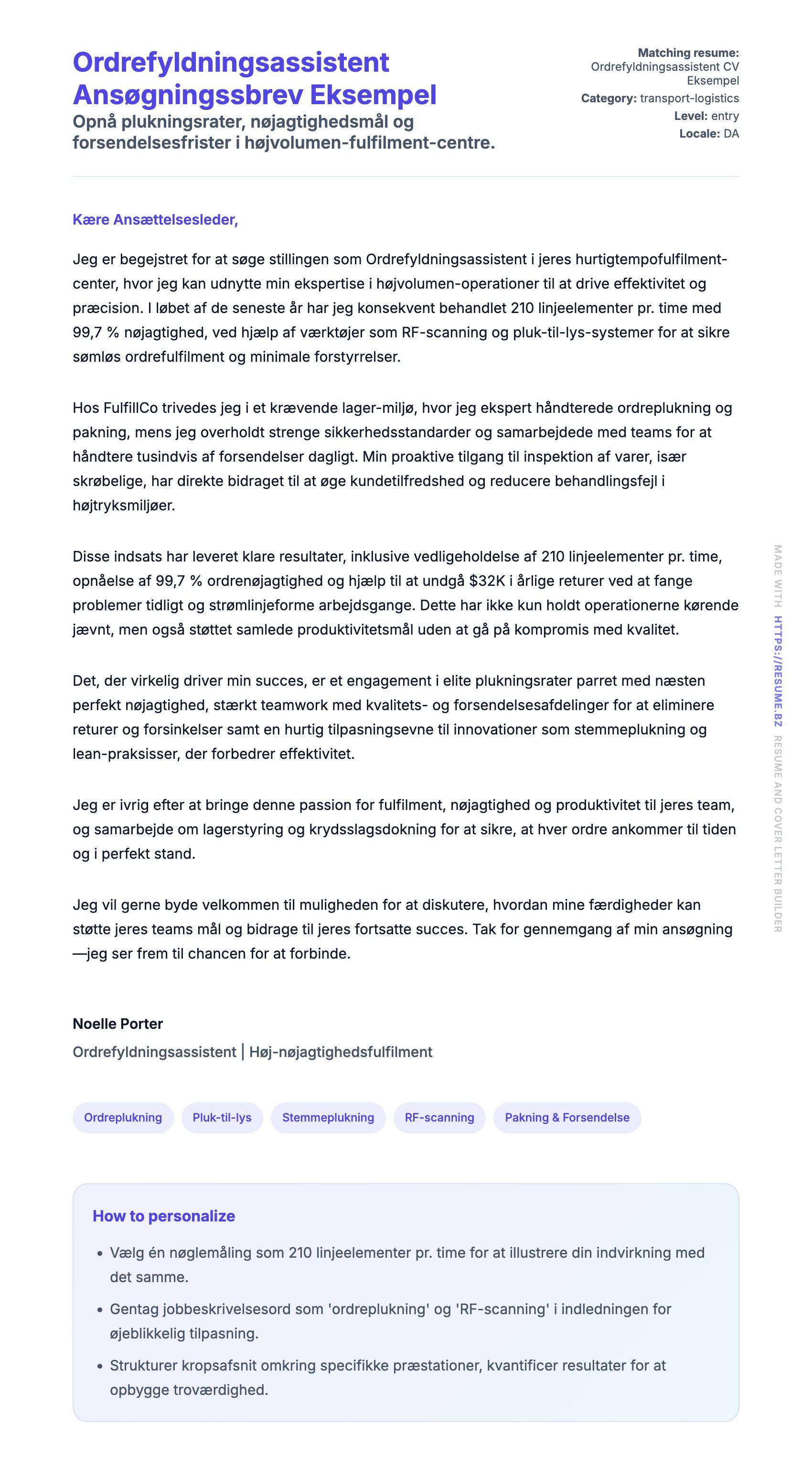 Ansøgningsbrev forhåndsvisning for Ordrefyldningsassistent Ansøgningssbrev Eksempel