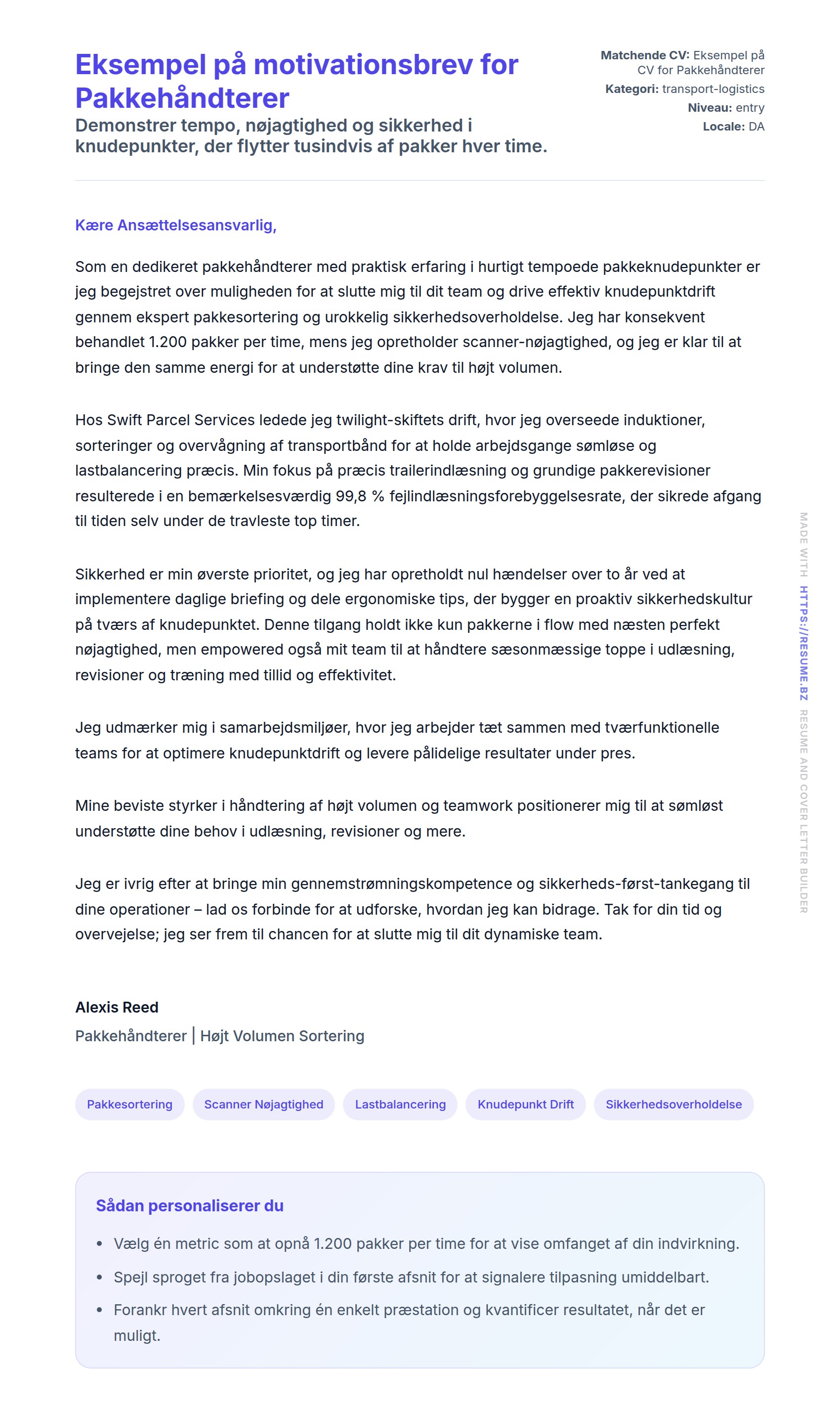 Ansøgningsbrev forhåndsvisning for Eksempel på motivationsbrev for Pakkehåndterer