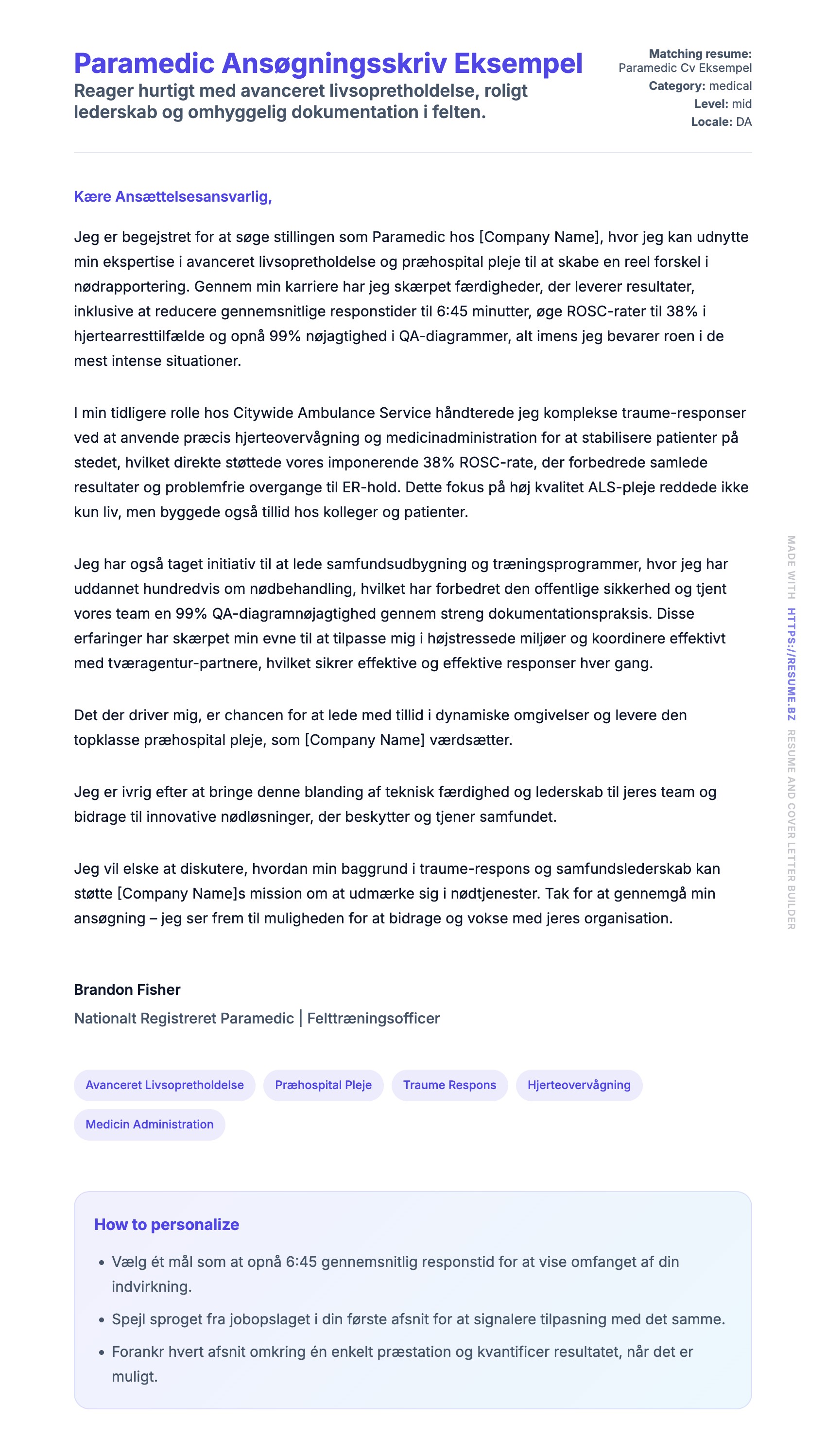 Ansøgningsbrev forhåndsvisning for Paramedic Ansøgningsskriv Eksempel