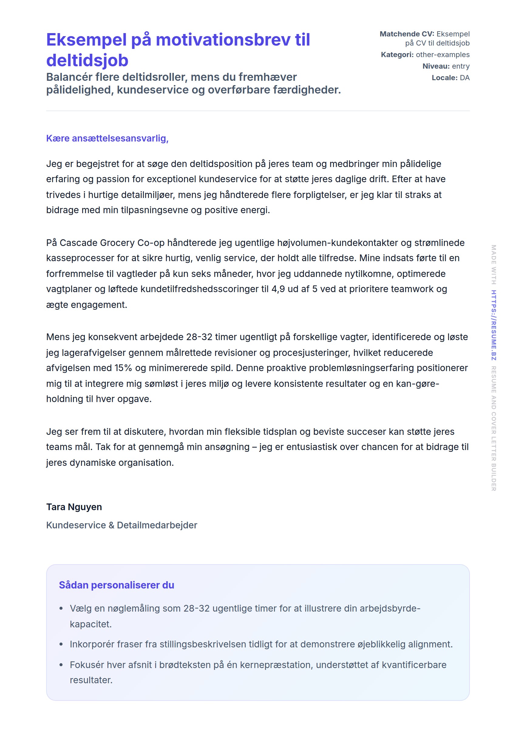 Ansøgningsbrev forhåndsvisning for Eksempel på motivationsbrev til deltidsjob