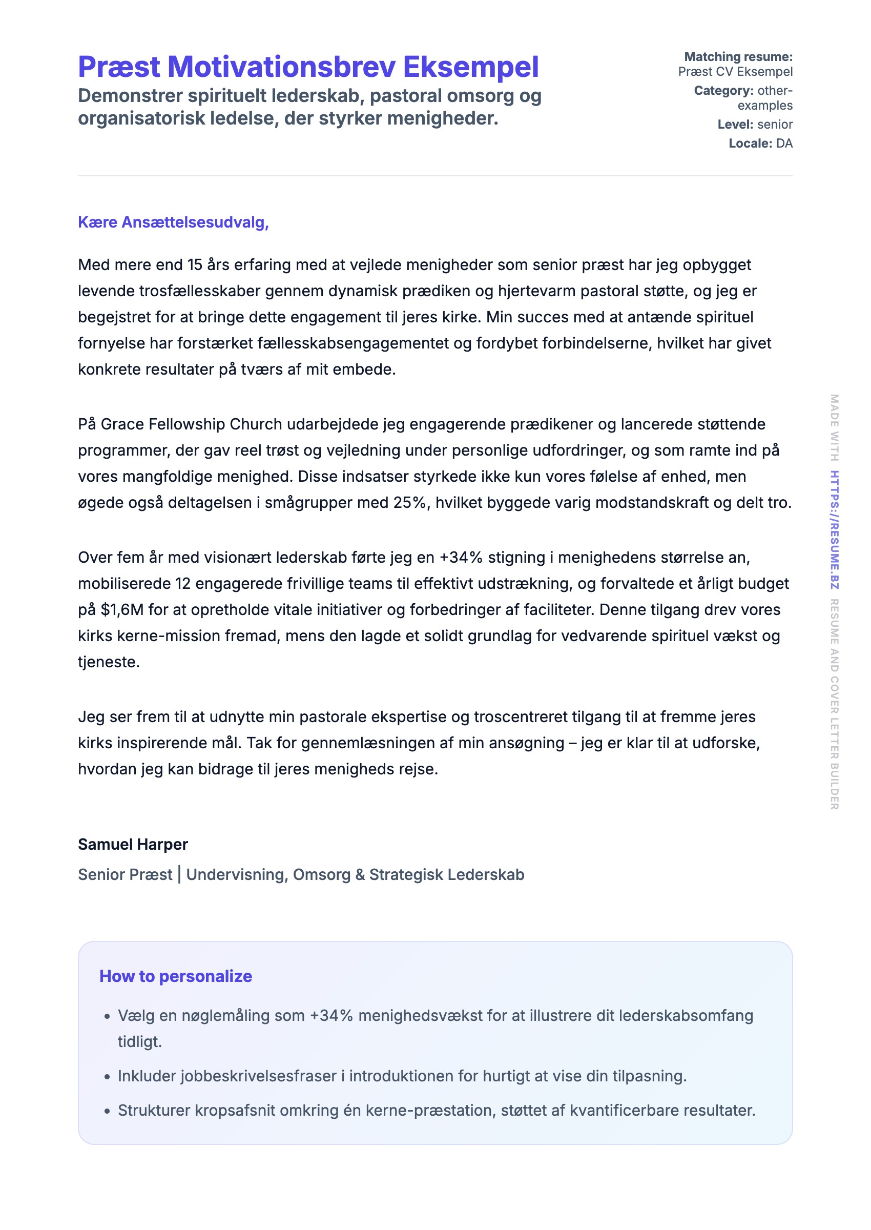 Ansøgningsbrev forhåndsvisning for Præst Motivationsbrev Eksempel