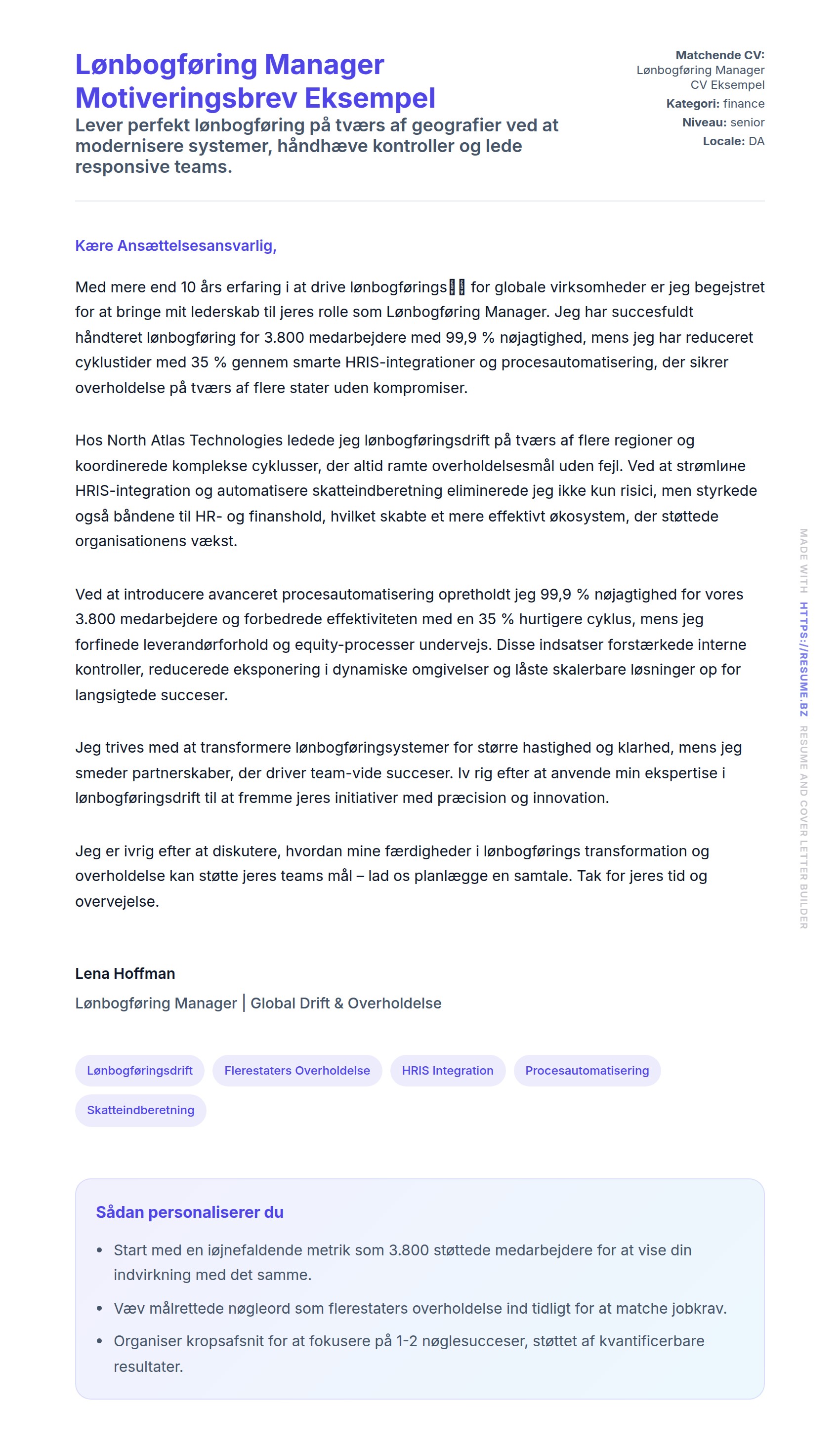 Ansøgningsbrev forhåndsvisning for Lønbogføring Manager Motiveringsbrev Eksempel