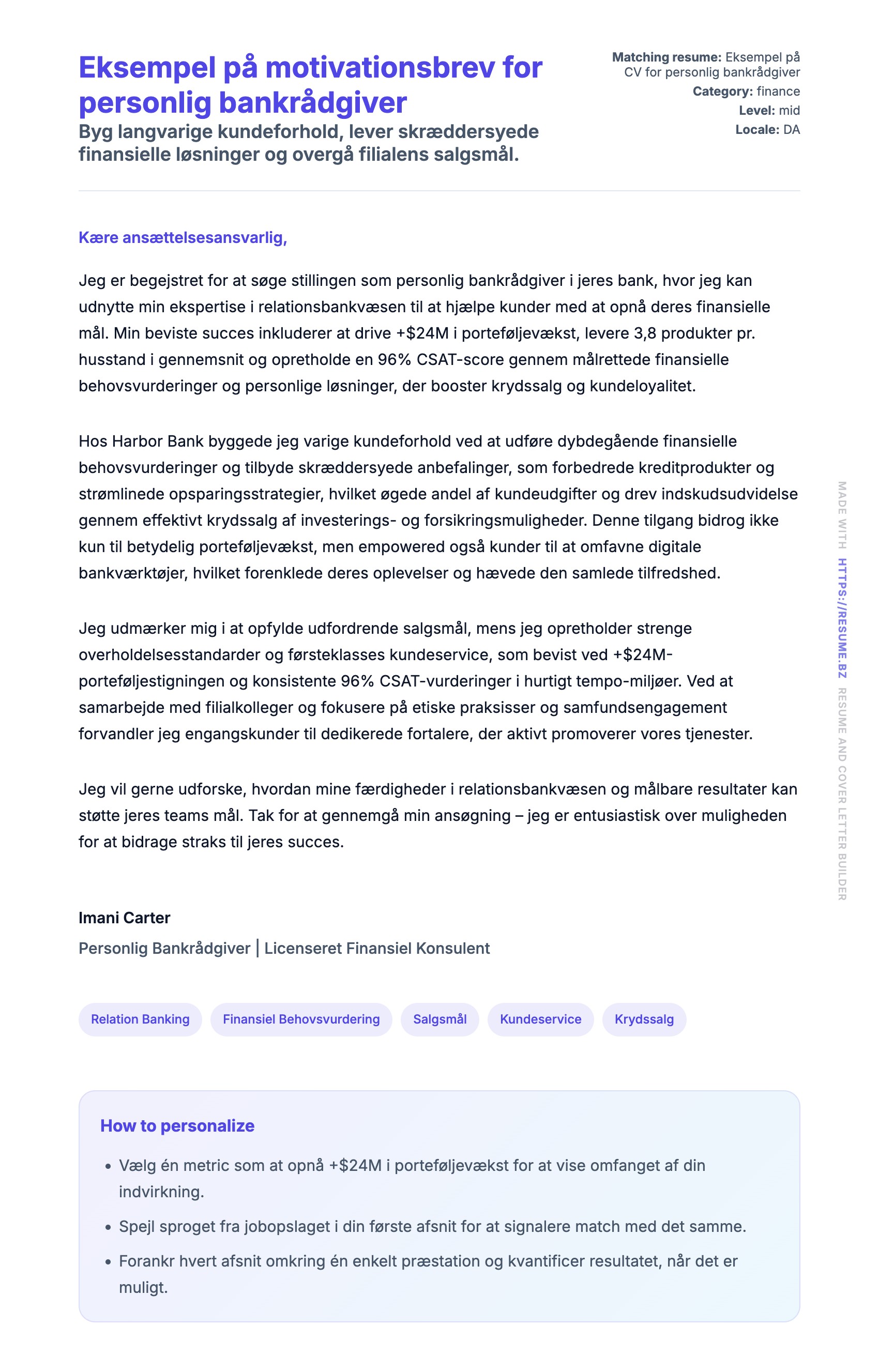 Ansøgningsbrev forhåndsvisning for Eksempel på motivationsbrev for personlig bankrådgiver