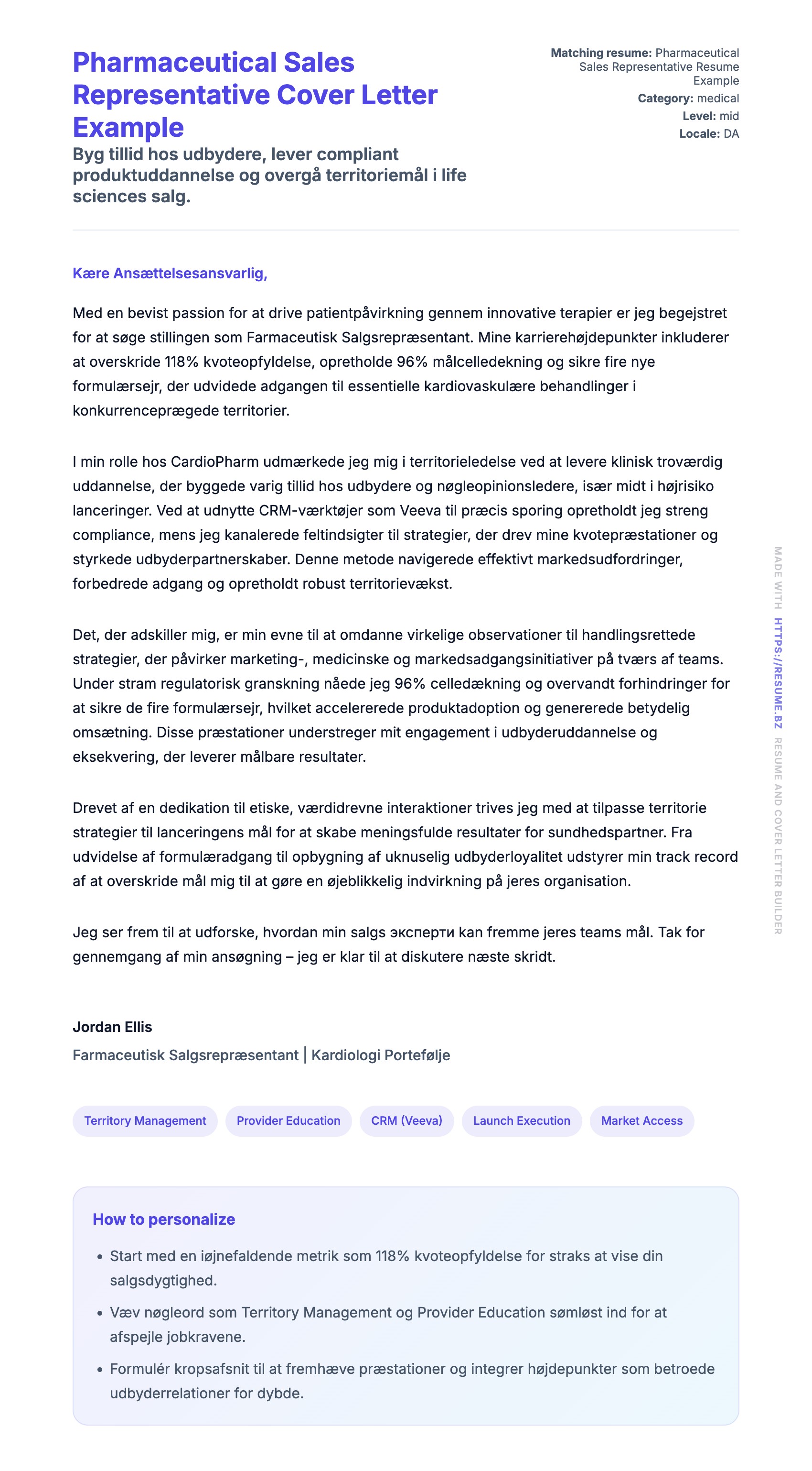 Ansøgningsbrev forhåndsvisning for Pharmaceutical Sales Representative Cover Letter Example