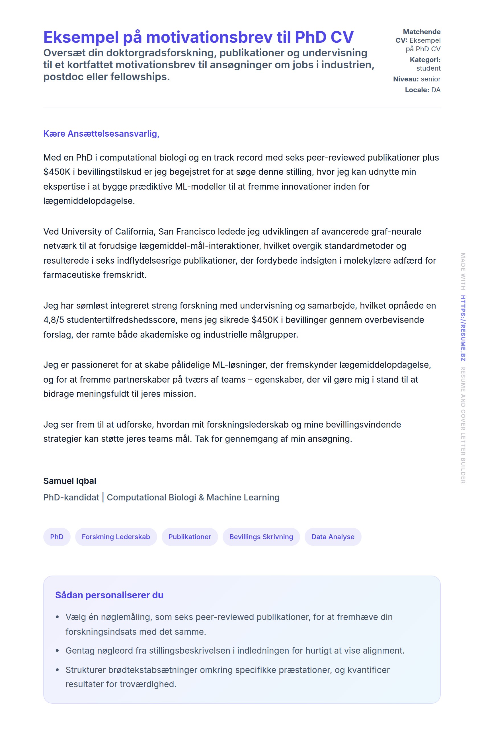 Ansøgningsbrev forhåndsvisning for Eksempel på motivationsbrev til PhD CV
