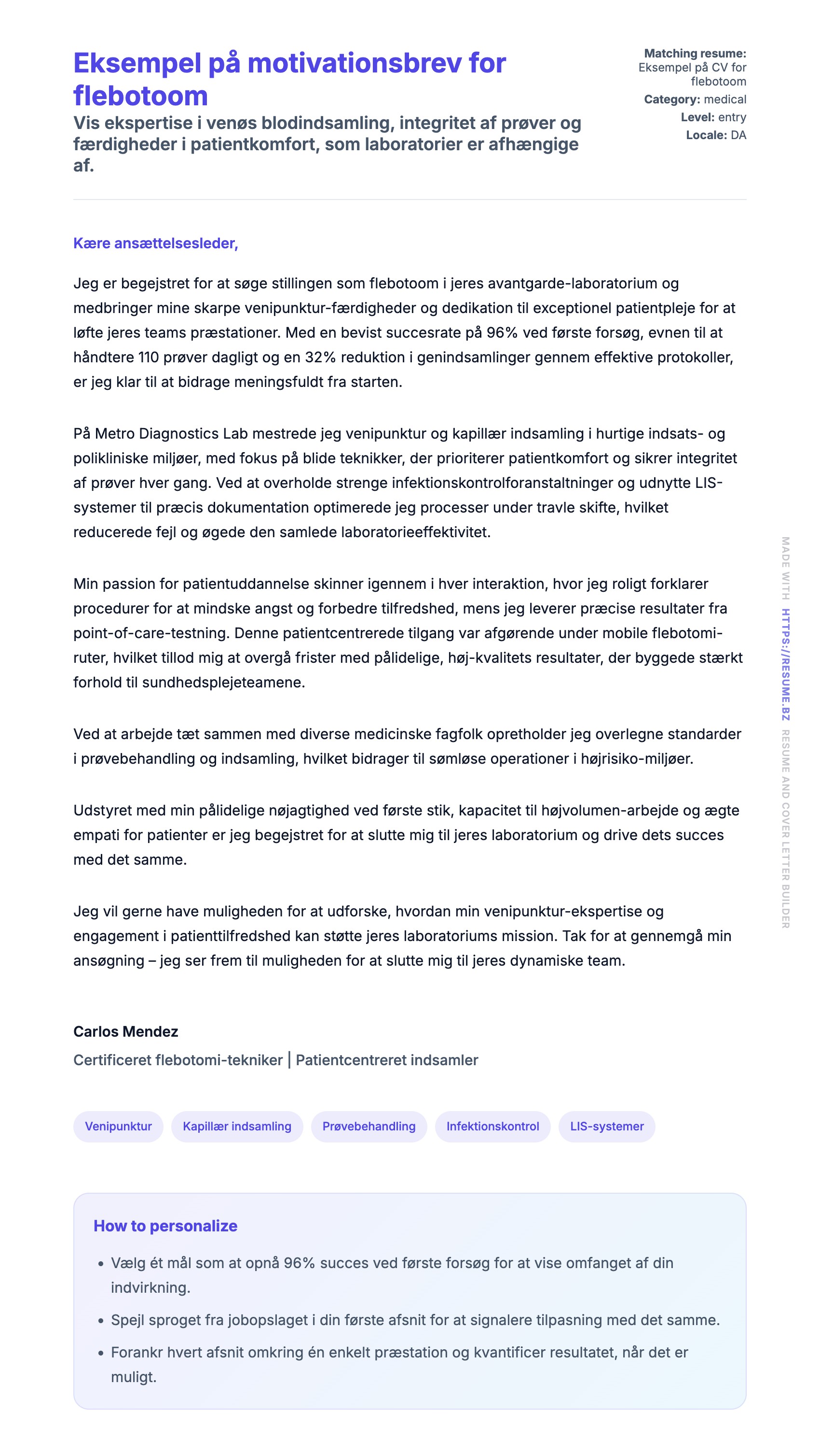 Ansøgningsbrev forhåndsvisning for Eksempel på motivationsbrev for flebotoom
